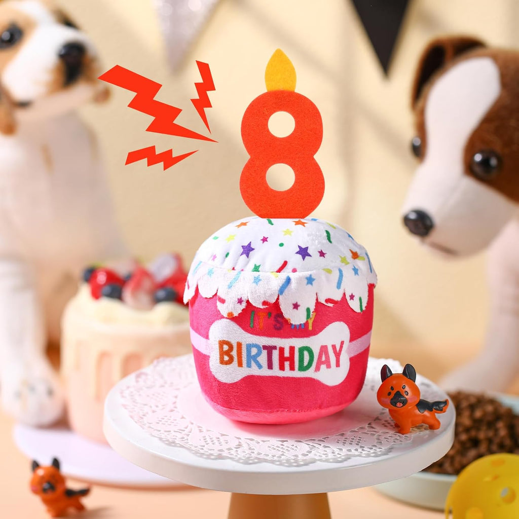 Dansydaisy Dog Birthday Cake Toy Squeaky Plush Gift,8th,Pink | Interactive Squeaky Gift for Dogs, Dog Birthday Decor , Soft Chew for Small Medium Large Pets, Cake Design with Candle