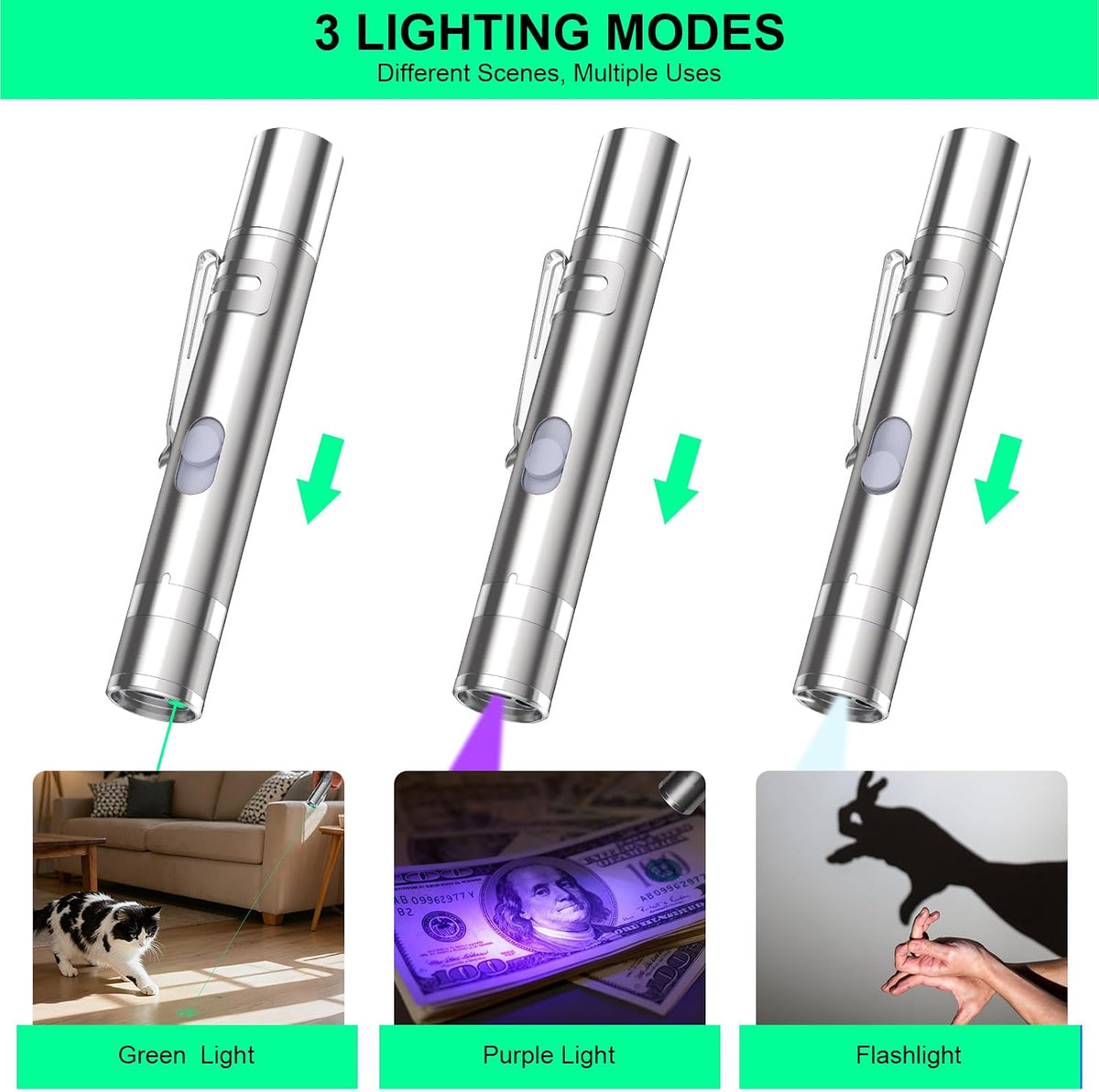 Waputne Cat Toy, Green Light, Rechargeable, 3 Light Modes, 5 Fun Patterns
