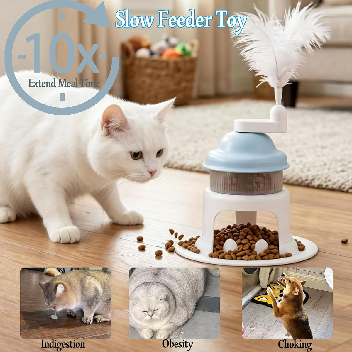 Cat Slow Feeder Toy with Feather Teaser, Interactive Puzzle Feeder for Cats, Mental Stimulation Foraging Toy, Suitable for Dry & Wet Food(Yellow)