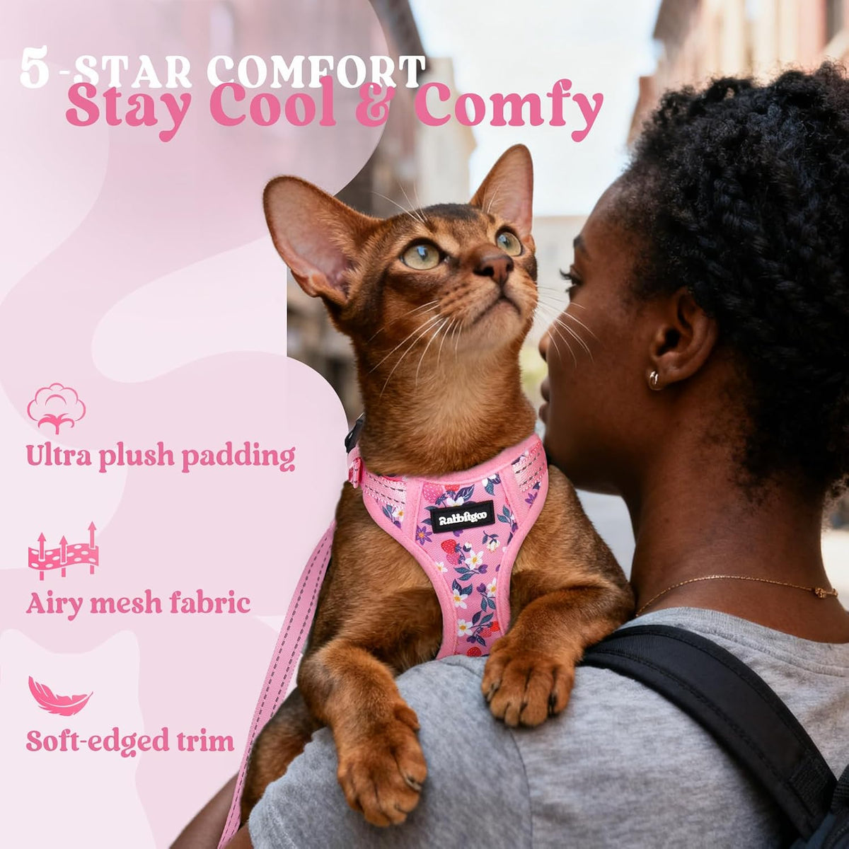 rabbitgoo Cat Harness and Leash Set, Easy-on with Neck Buckle, Berry Bloom