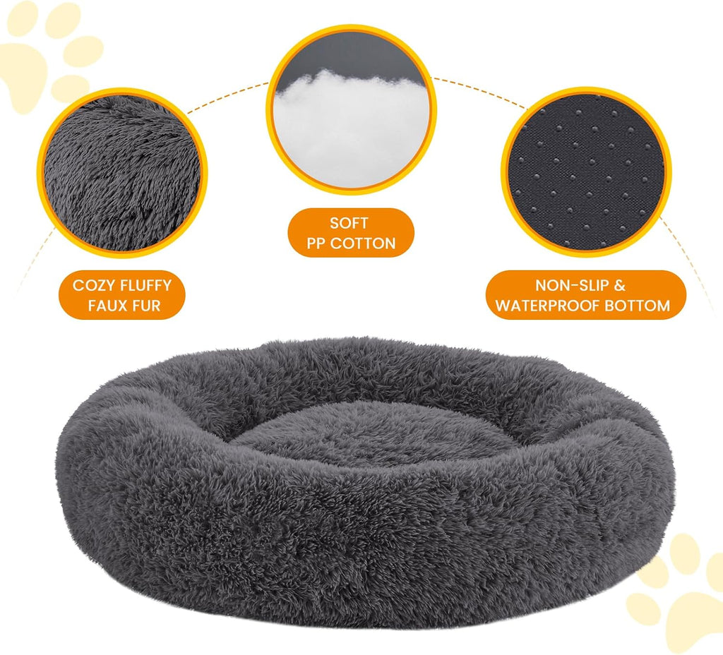Calming Dog Beds for Large Dogs, Faux Fur Donut Cuddler Dog Bed, Round Fluffy Pillow, Washable Pet Bed for Dogs Up to 80Lbs, 36inch