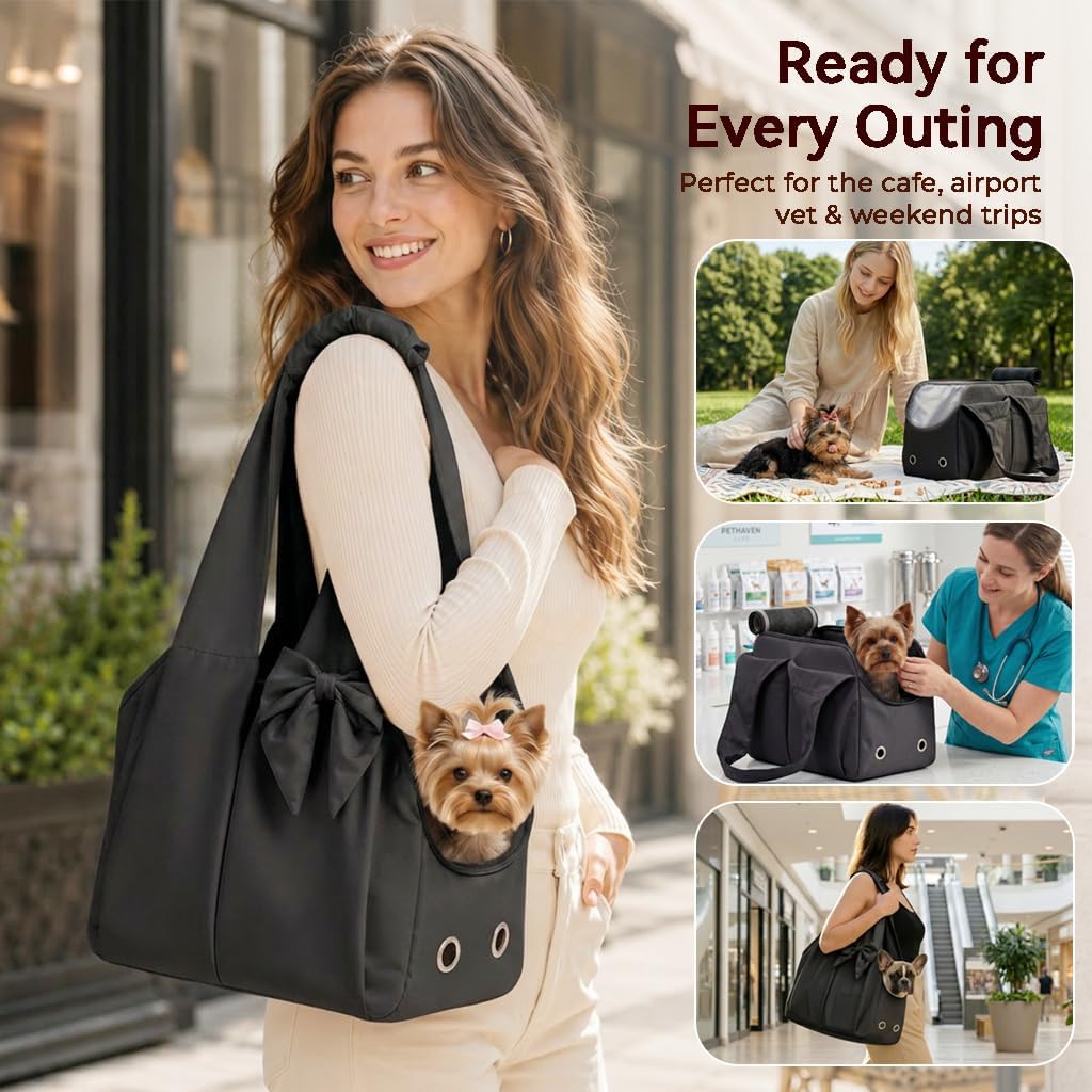 Fashion Dog Purse Carrier for Small Dogs and Cats, Soft-Sided Puppy Tote Bag Up to 6 lbs, Lightweight Pet Carrier with 4 Pockets, Smart Zipper Lock, Pet Travel Bag for Travel Outdoor(Black)