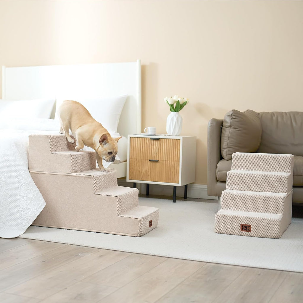 EHEYCIGA Dog Stairs for High Bed 22.5" H, 5-Step Dog Steps, Beige