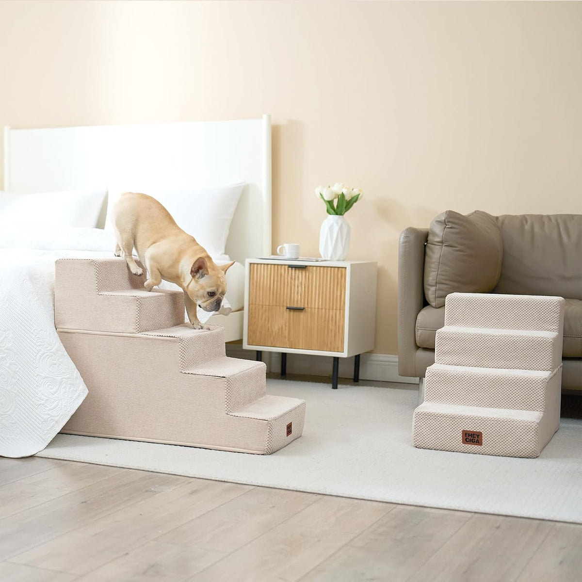 EHEYCIGA Dog Stairs for High Bed 22.5" H, 5-Step Dog Steps, Beige