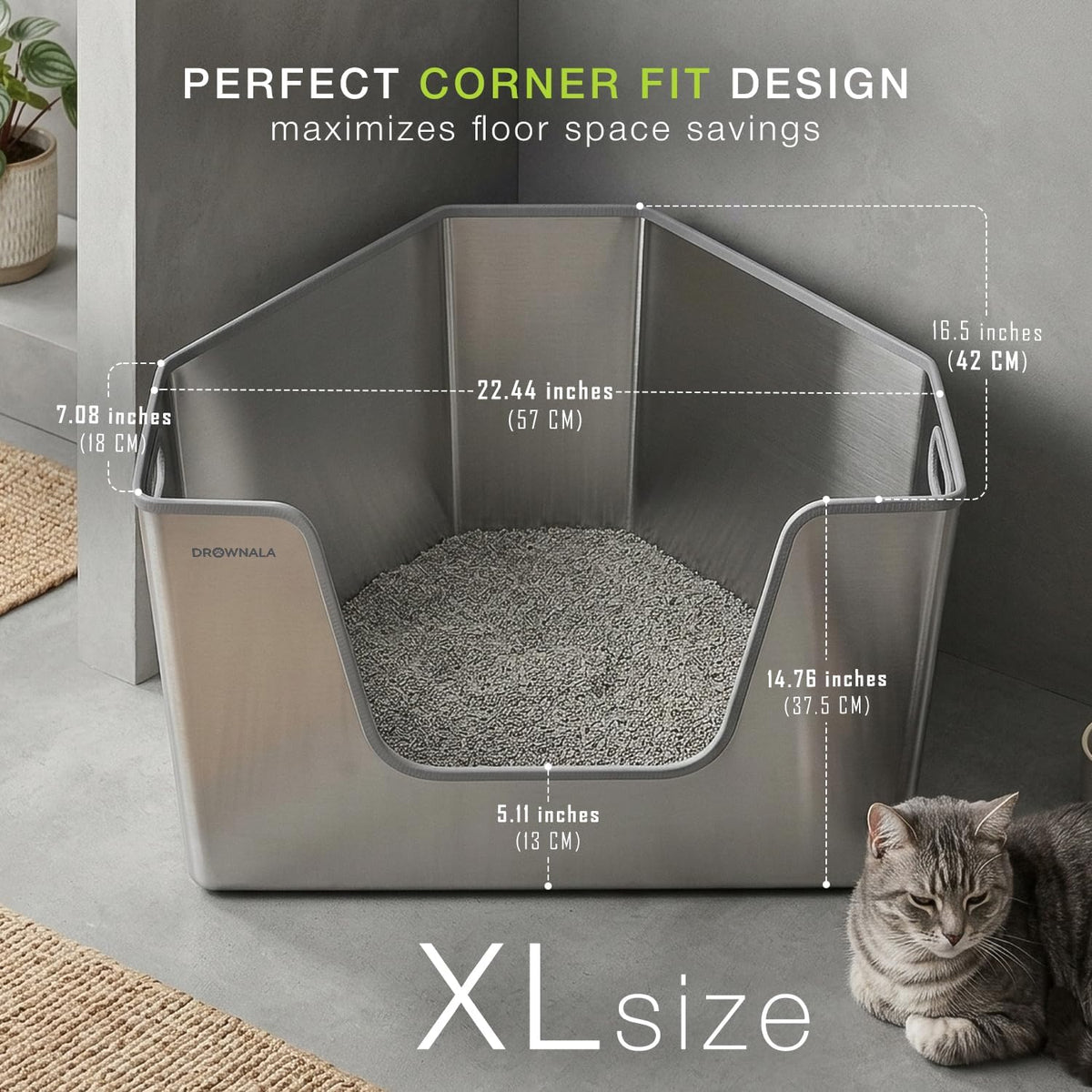 Corner Stainless Steel Litter Box for Cat & Kitten - No Odor