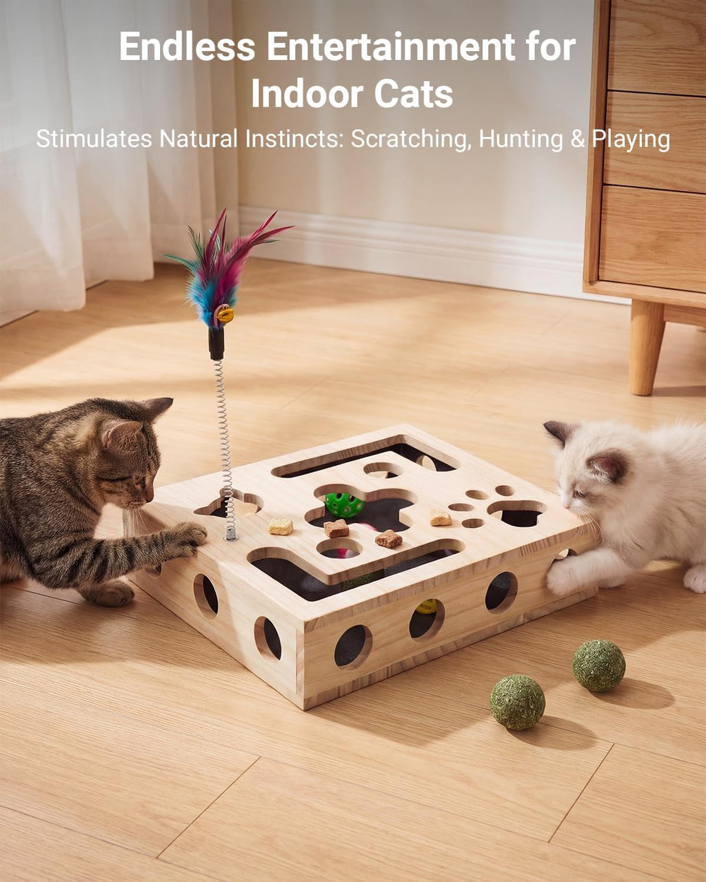 Cat Toys for Indoor Cats - Cat Nail File Box with Interactive Cat Toys, 2026 Upgraded Cat Puzzle Feeder Scratch Puzzle Toy for Indoor Cats, Natural Claw Care (Wood)