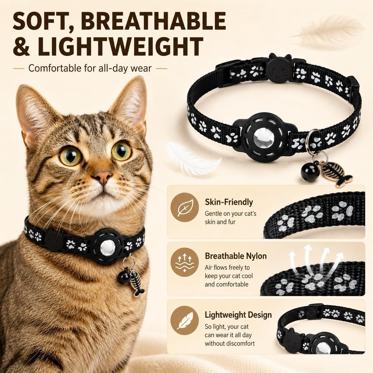 Cat Collar Breakaway 2packs, Reflective Kitten Collar with Apple Air Tag Holder and Bell for Girl Boy Cats, 0.4 Inches in Width and Lightweight (Black)