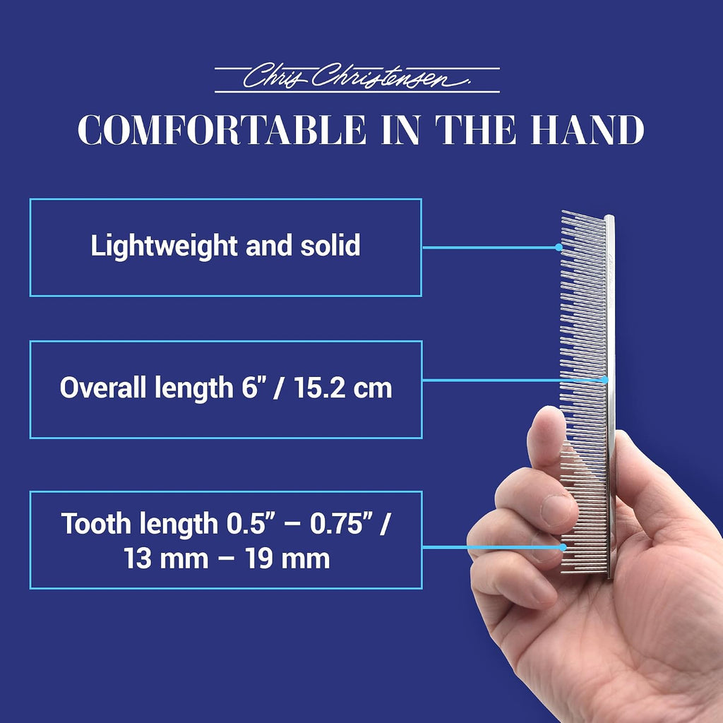 Chris Christensen 6in Cat/Carding Dual Tooth Butter Comb, Groom Like a Professional, Rounded Corners Prevent Friction and Breakage, Solid Brass Spin with Steel Teeth, Chrome Finish 