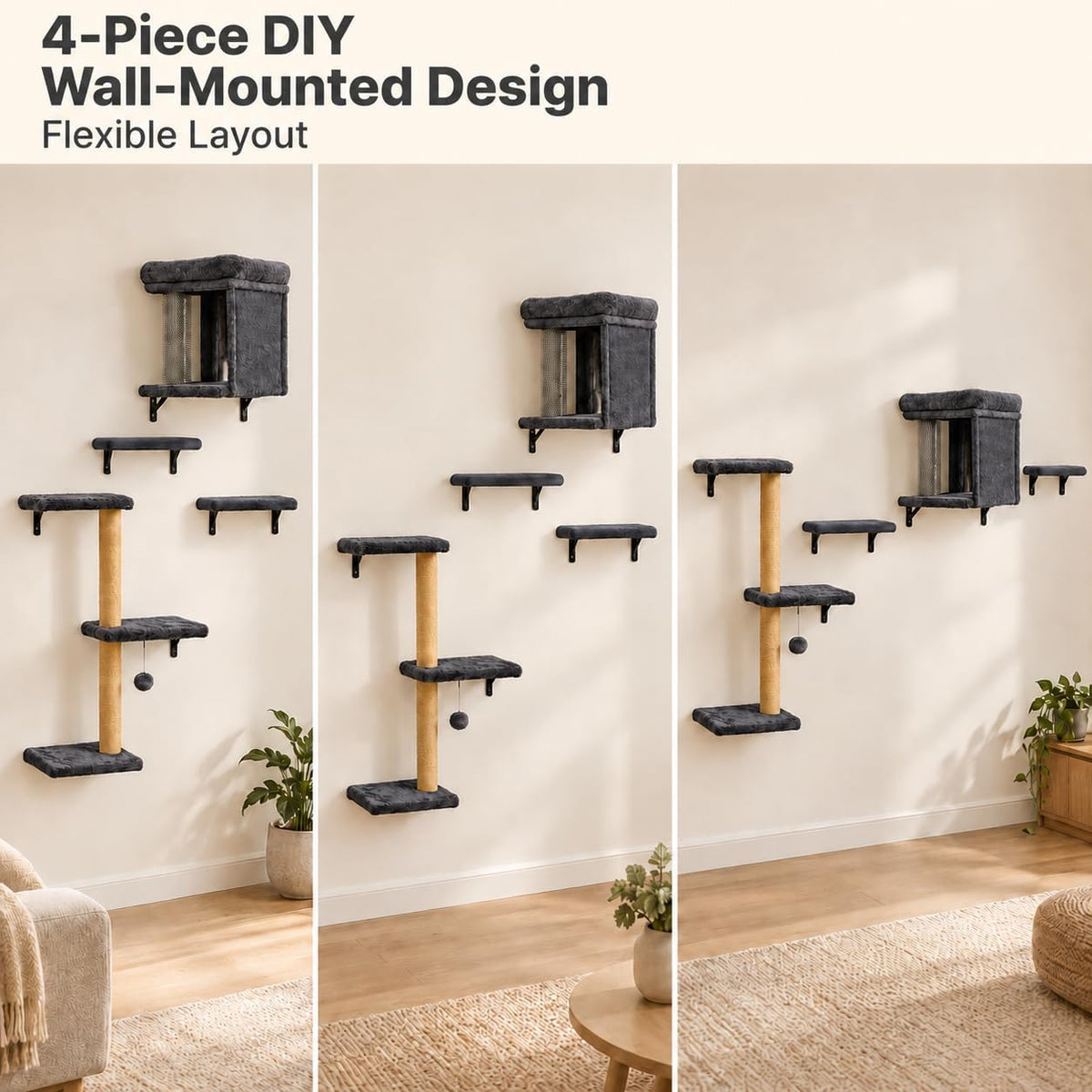 Cat Wall Shelves, 5-Piece Wall-Mounted Cat Tree for Large Cats, Cat Wall Furniture with Condo, Scratching Posts & Climbing Platforms