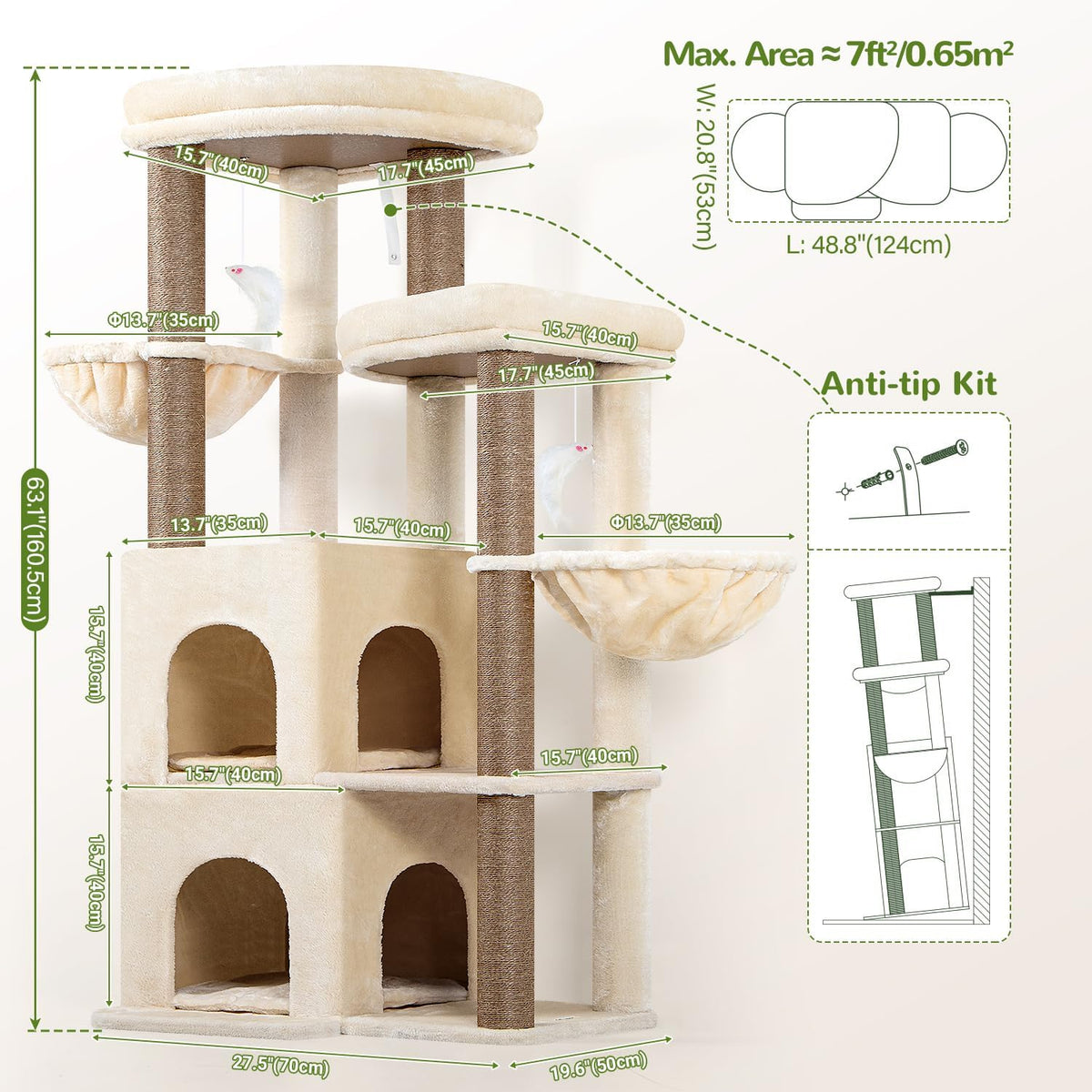 Globlazer Cat Tree Tower for Indoor Cats Large Adult, S63, Beige