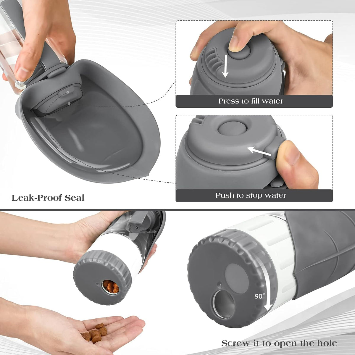 TIOVERY Upgraded Dog Water Bottle, Portable Dog Cat Puppy Pet Water Dispenser Feeder with Drinking Cup and Food Container Leak Proof for Outdoor Walking, Travel, Hiking 12OZ Grey