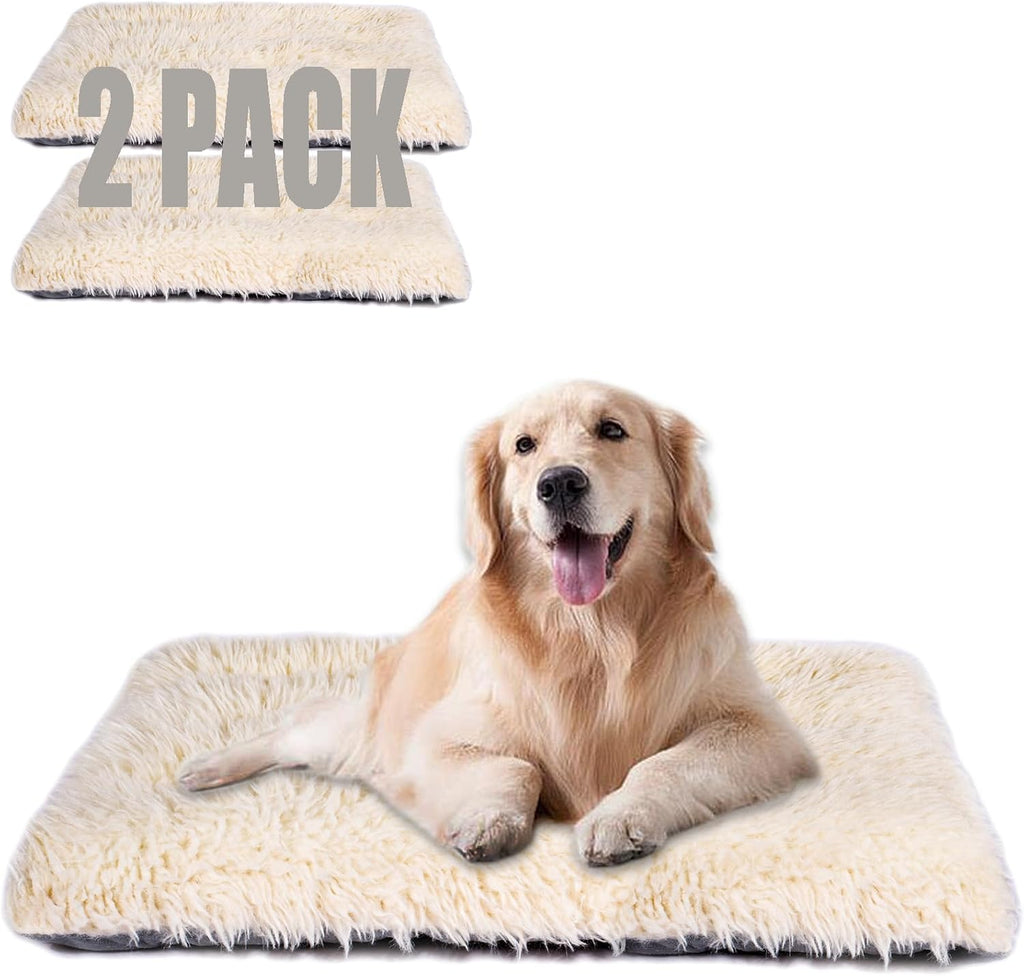 Machine Washable Dog Bed, Deluxe Plush Dog Crate Pad and Cat Bed, Anti-Slip Bottom Kennel Pad Mat, Fuzzy Pet Beds for Large, Medium, Small Dogs Breeds (Ivory, 24.0" L x 18.0" W x 3.0" Th x 2 Pack)