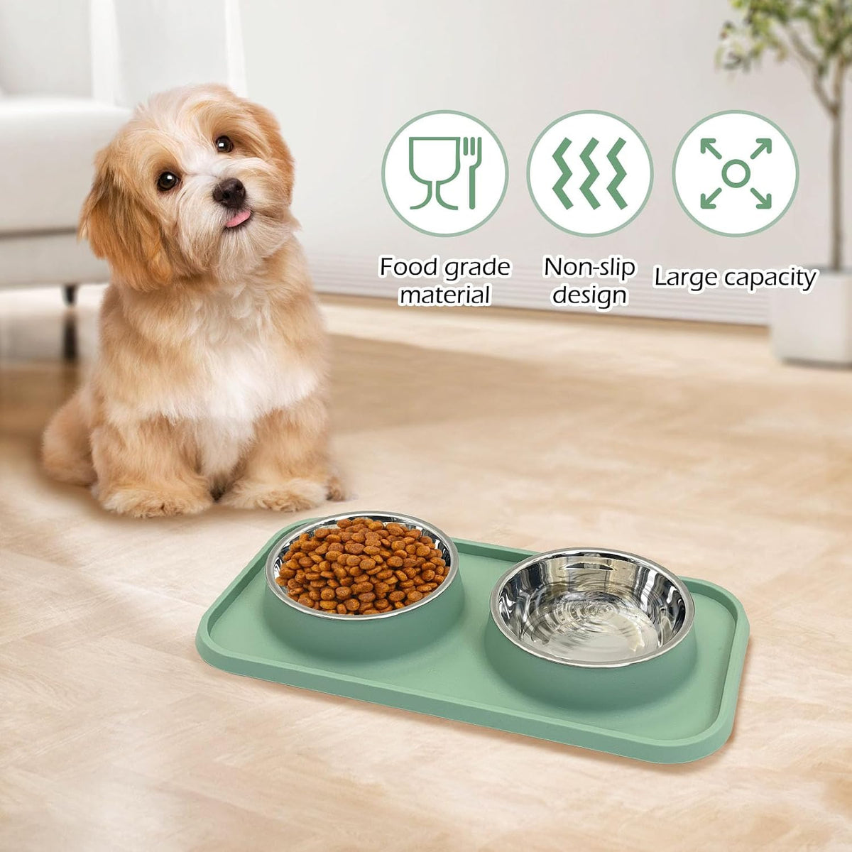 BNOSDM Double Dog Food Bowls Stainless Steel Dog Food and Water Bowls with Non-Spill Plastic Mat Pet Cat Feeder Bowl Set for Puppy Cats Kitten Small Medium Dogs Green
