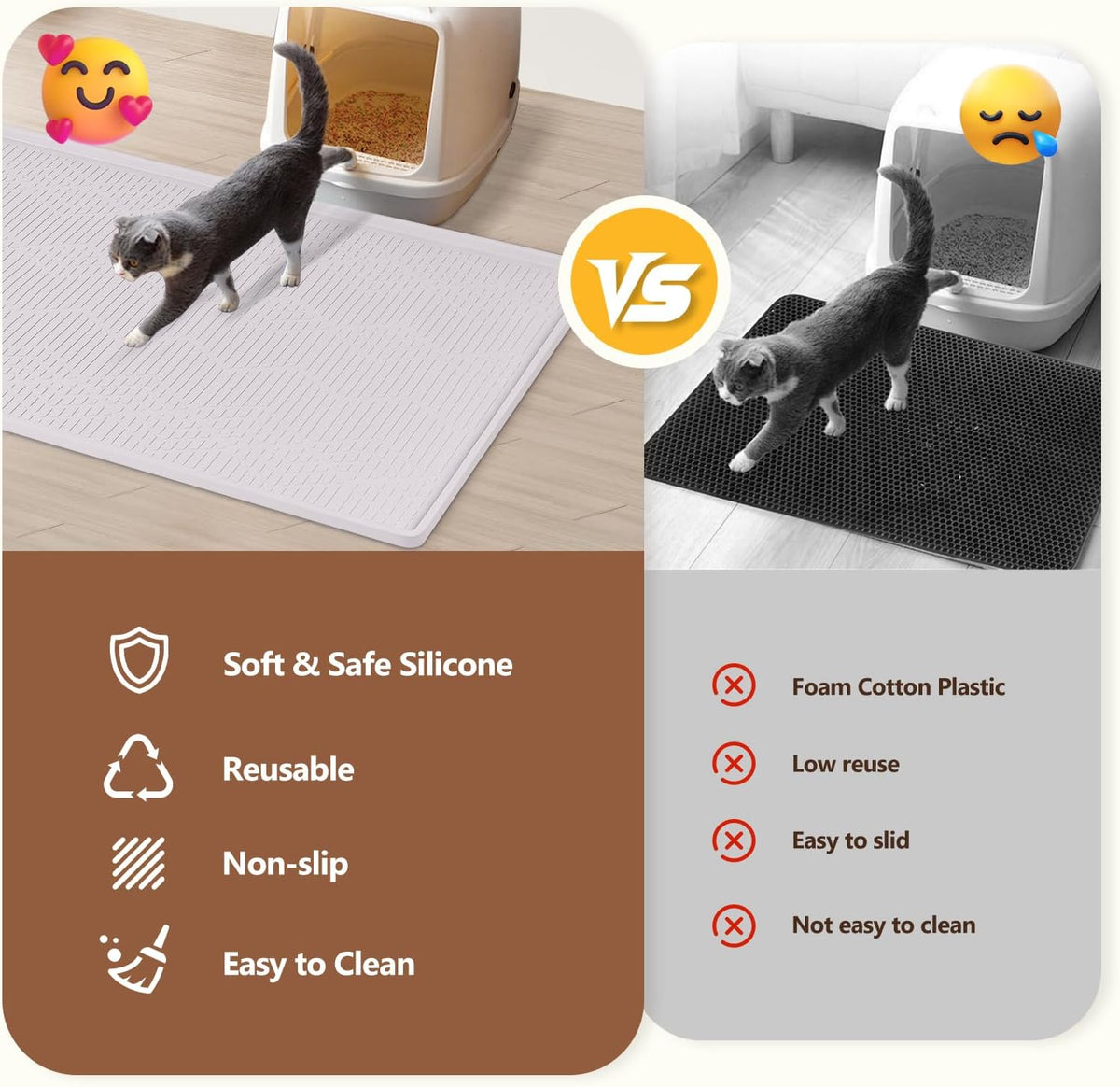 Silicone Cat Litter Box Mat 38'' x 25'' Cat Mat with Toy, White