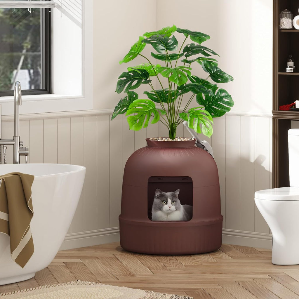 Lifewit Hidden Plant Cat Litter Box with Plastic Scoop, Brown | Extra Large Enclosure Litter Tray with Carbon Filter& Odor Control, Aesthetic Cats Stuff for Living Room, Bathroom, Corner