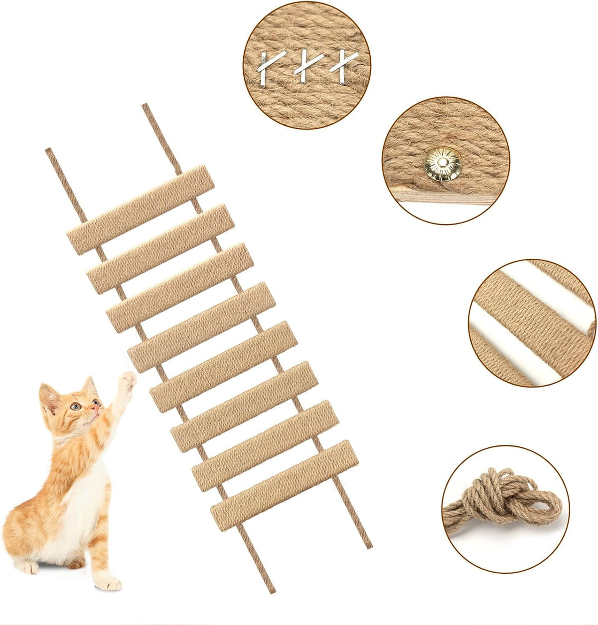 Cat Ladder & Bridge for Indoor Cats - Wooden Cat Wall Furniture with Climbing Rope - Wall Mounted Cat Shelves for Play & Lounging (Wood Tone, A-20in)