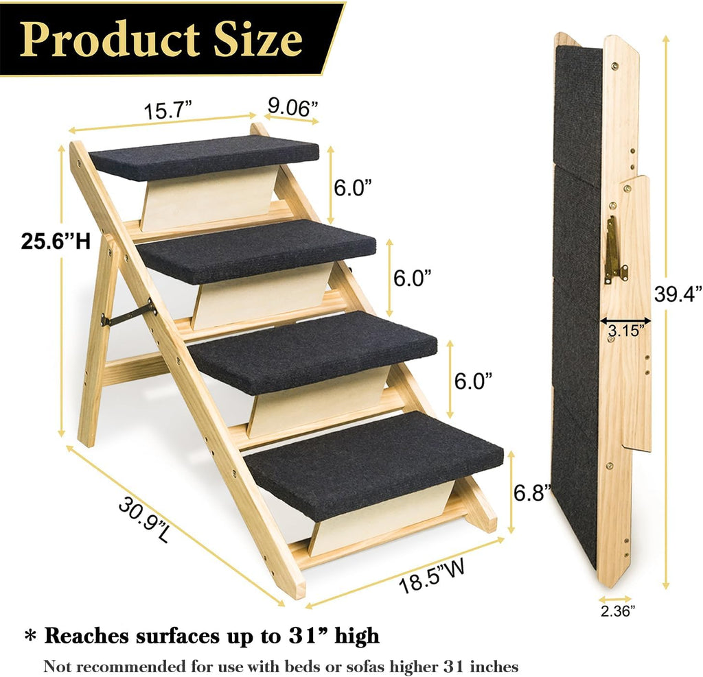 BRIKY 2-in-1 Dog Stairs/Ramp with 4 Steps, Foldable Dog Stairs for High Beds Cars Couch, Durable Wooden Pet Stairs for Small Medium Large Dogs, No Assembly Required