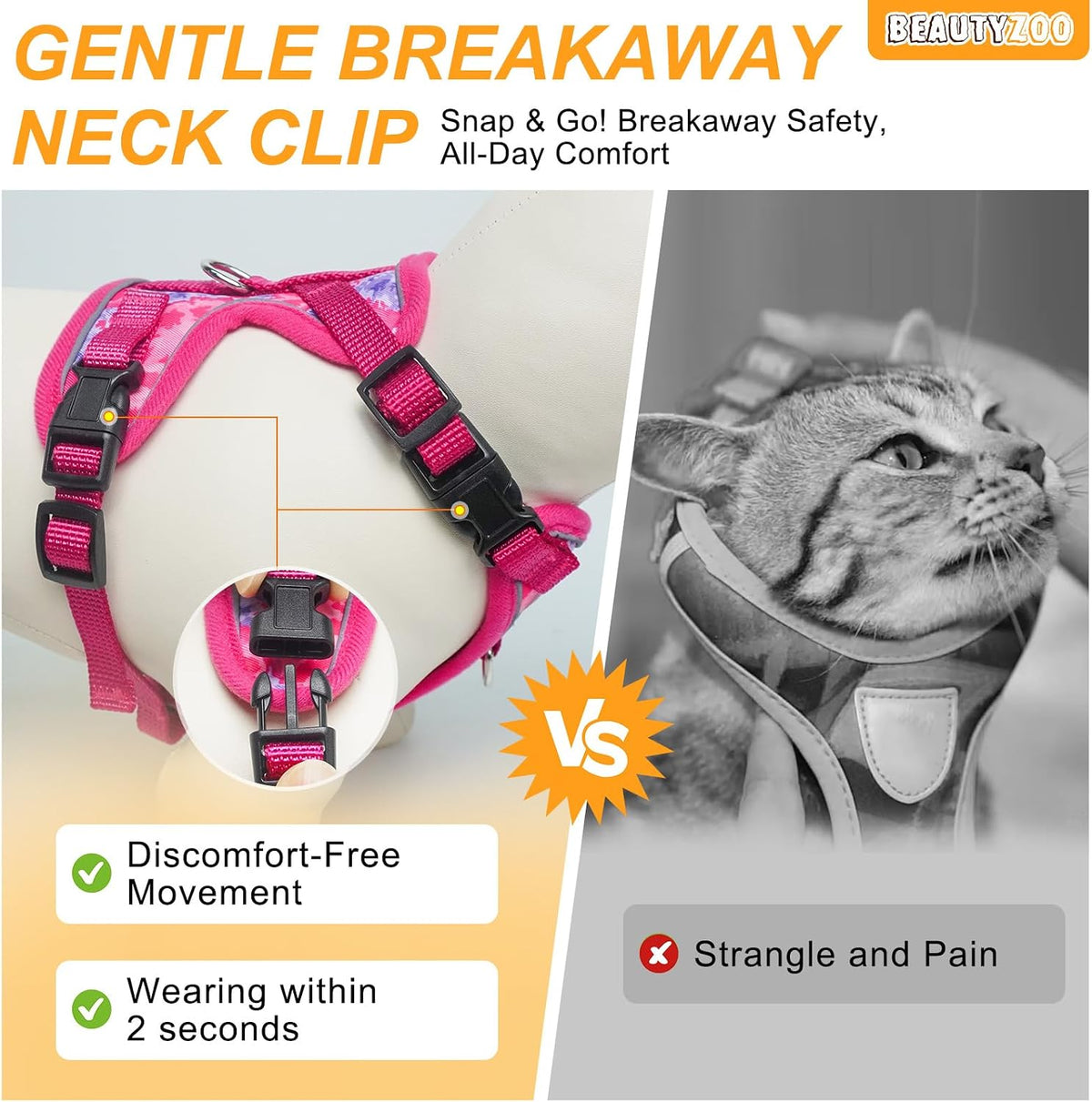 BEAUTYZOO Cat Harness and Leash,Escape Proof Easy-On Vest w/Neck Buckle, M