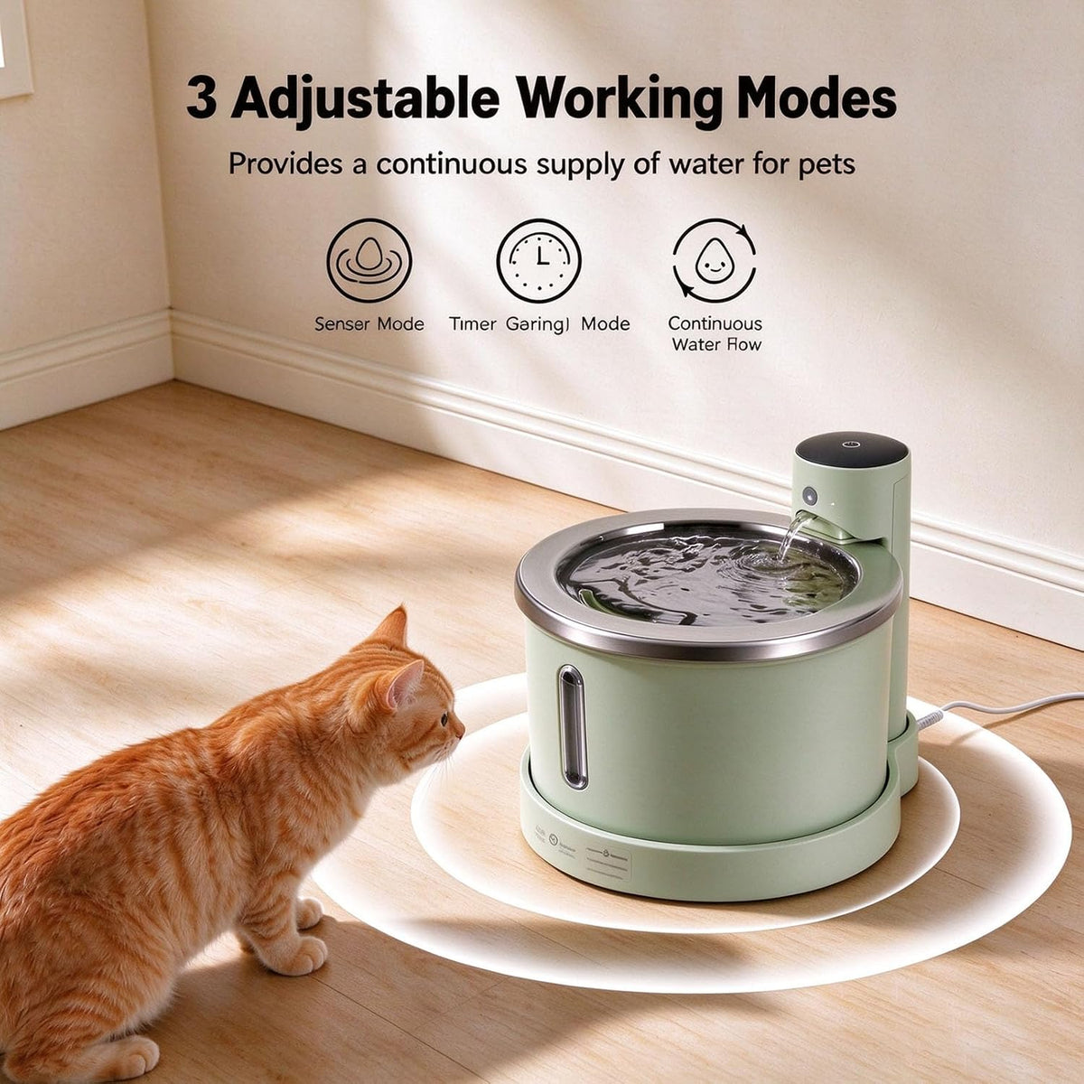 Wireless Stainless Steel Cat Water Fountain, 3L Induction Dispenser