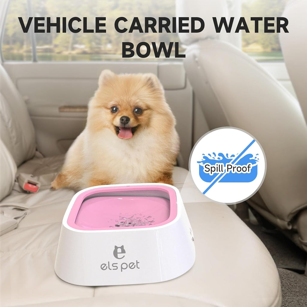 ELS PET Dog Water Bowl 1L, No Spill Travel, No Drip Slow Drink for Cats | Pink, No Spill Design, 35oz Capacity, Floating Disk, for Dogs, Cats, Crate and Car Travel, Dishwasher Safe, Slow Drinking