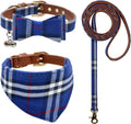 3PCS Bow Tie Dog Collar and Leash Set Plaid/Camo/Dots/Flower Dog Bandanas with Bell 3 Size Adjustable for Small Dogs Puppies and Cats (XS, Blue Plaid 2)