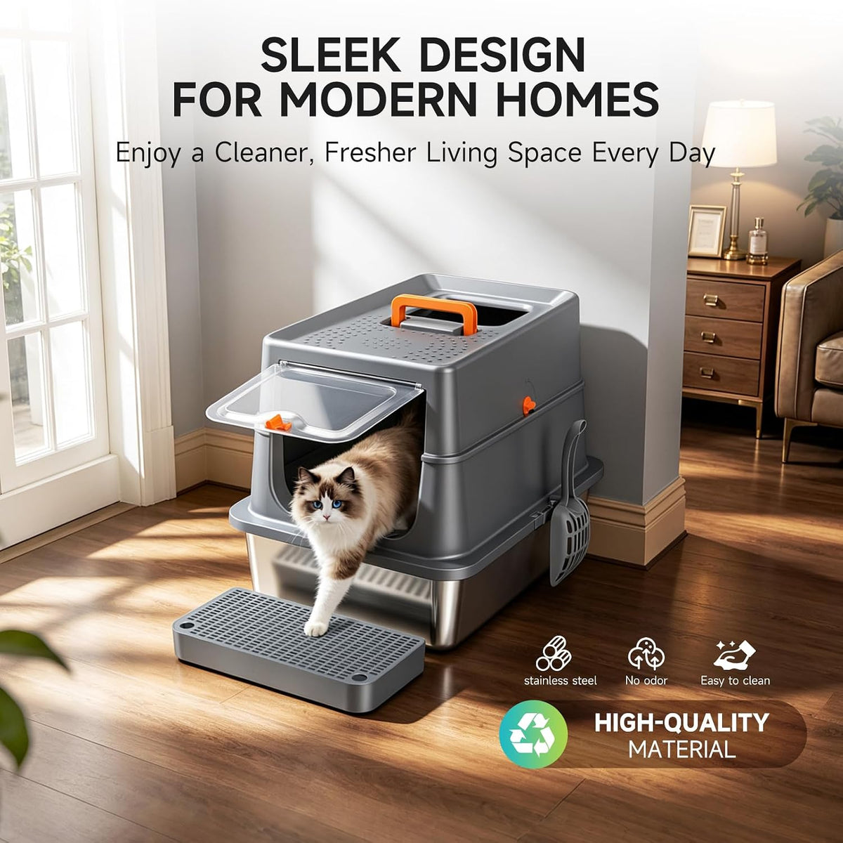 High-Sided Stainless Steel XL Cat Litter Box for Cats