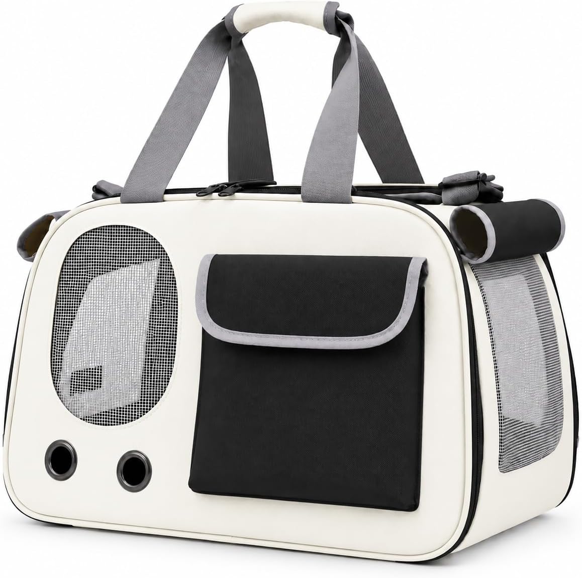 Soft-Sided Cat Carrier, 17.7“×10.2”×11“ Foldable Portable Pet Travel Bag, Cream & Black