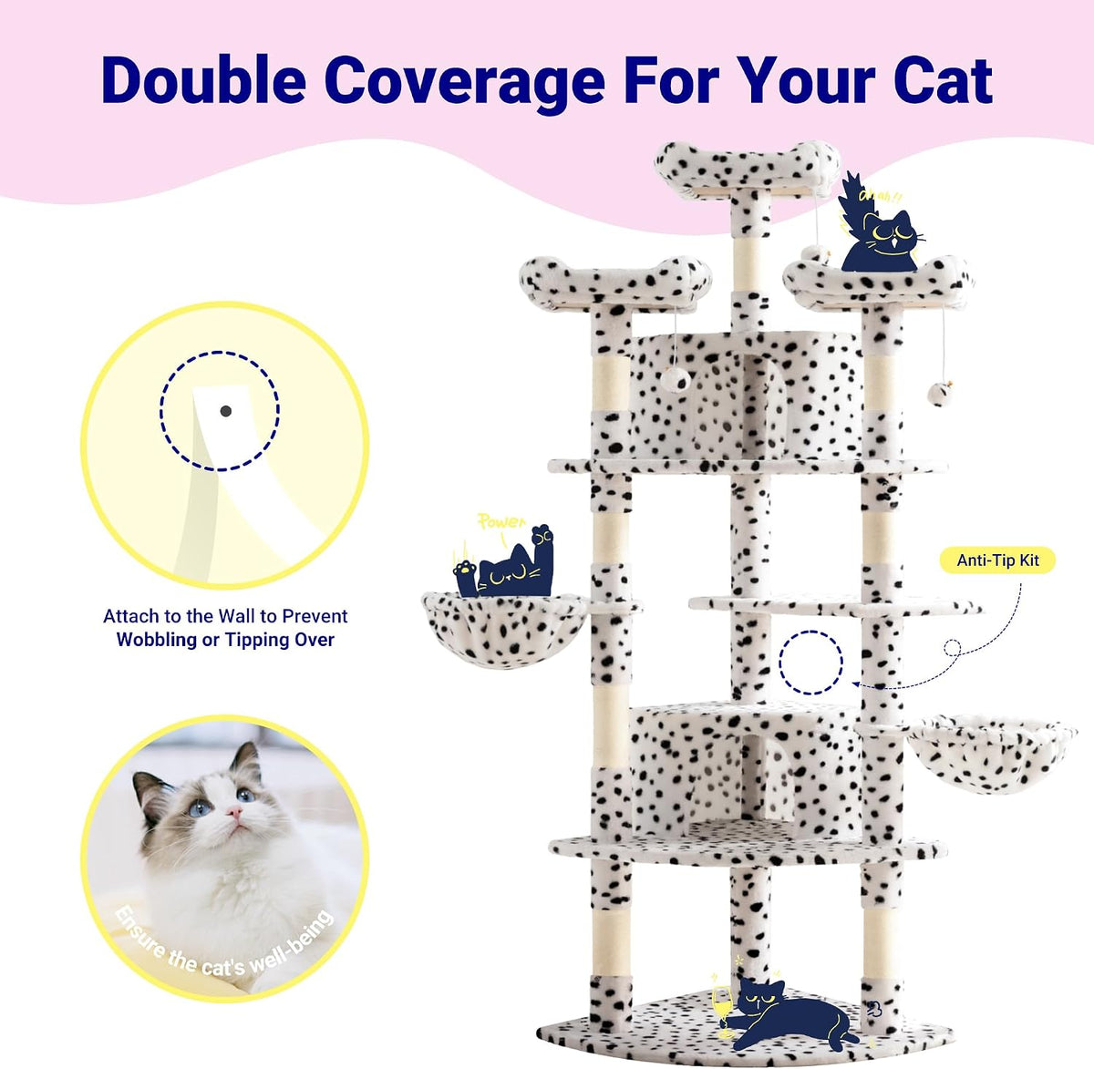 Allewie 73in Fan-Shaped Space-Saving Corner Cat Tower/Multi-Level Tall Cat Tree for Indoor Kitties/Cozy Baskets/Condos/House/Perches/Sisal Scratching Posts/Pet Activity Center/White & Black Spot