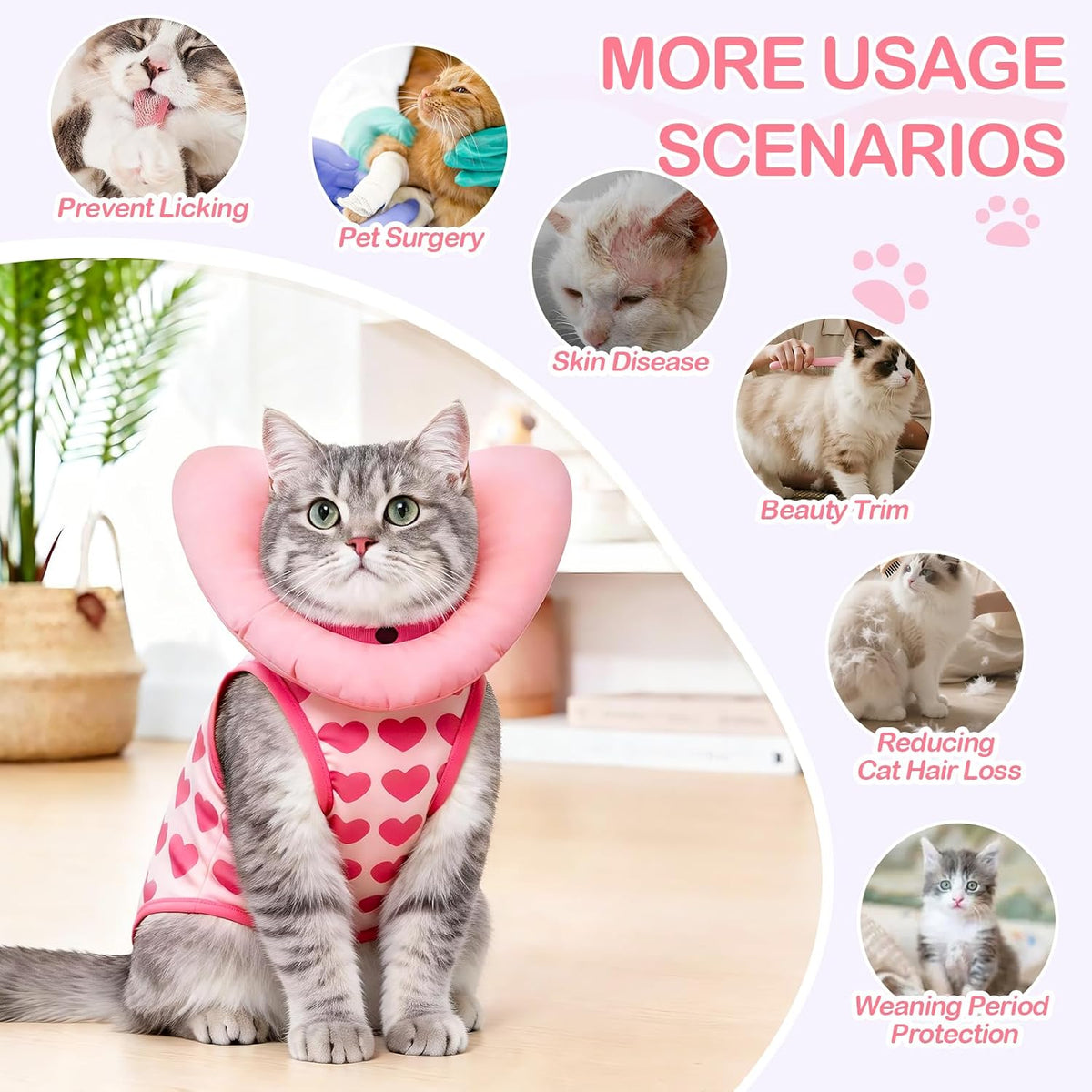 EMUST Cat Recovery Suit, Soft Cone Collar for Female Cats Anti-Licking Pink