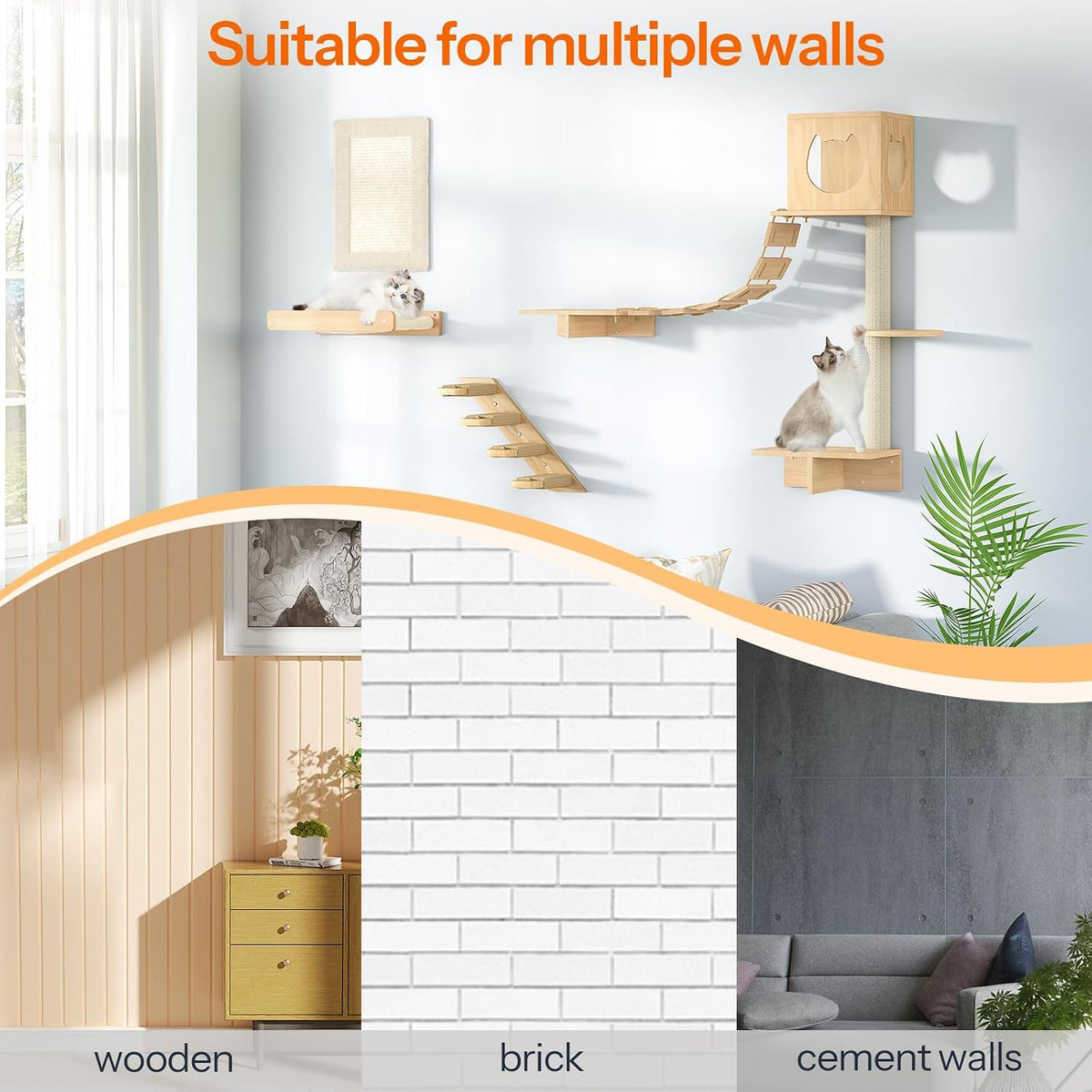 HOOBRO Wood Cat Wall Shelves, Set of 5 Modern Cat Wall Furniture with Corridor, Plush Hammock, Steps, Scratcher and Climbing Shelves for Playing, Sturdy, Durable and Safe, Natural NL45CS03