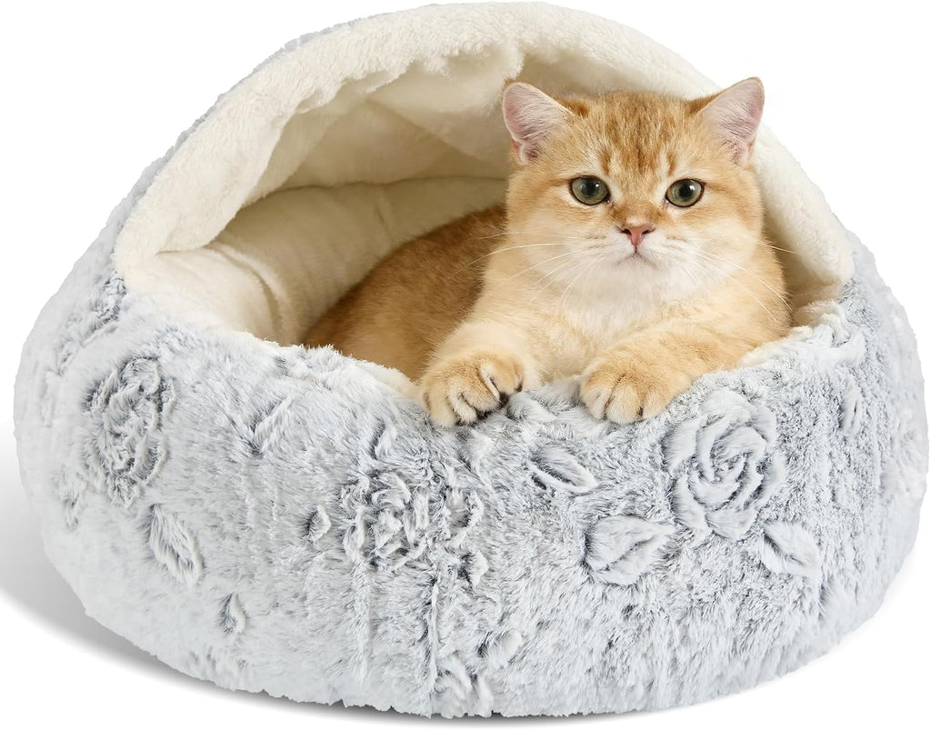 Calming Dog Beds & Cat Cave Bed with Hooded Cover,Removable Washable Round Beds for Small Medium Pets,Anti-Slip Faux Fur Fluffy Coved Bed for Improved Sleep,Fits up to 15/25 lbs(Rose,S)