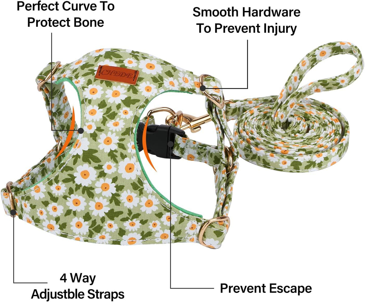 CHEDE No Pull Floral Pattern Dog Harness- Lightweight and Soft Harness, Adjustable Small Dog Harness and Leash Set, with Dog Leash, Suitable for Puppy Small and Medium-Sized Dog (S, Green Daisy)