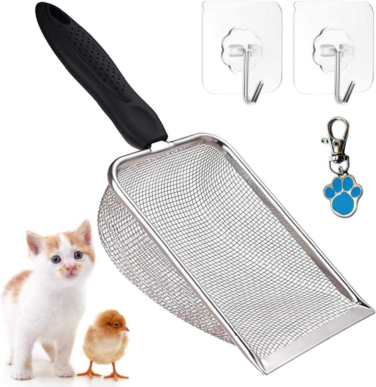 Cat Litter Scoop, Stainless Steel Cats Sturdy Mesh Scooper Kitty Metal Scooper Long Handle Scooper Shovel Sifter for All Litter Types Metal Cat Scooper for Litter Box (2mm fine meash cat litter scoop)