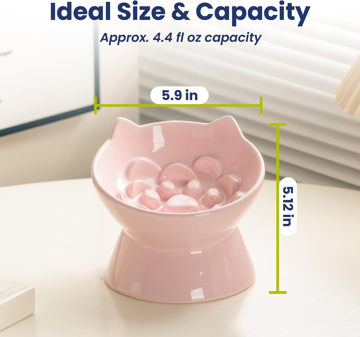 PawsPik Lynx Ceramic Raised Slow Dog & Cat Elevated Food Bowl, Quartz Pink