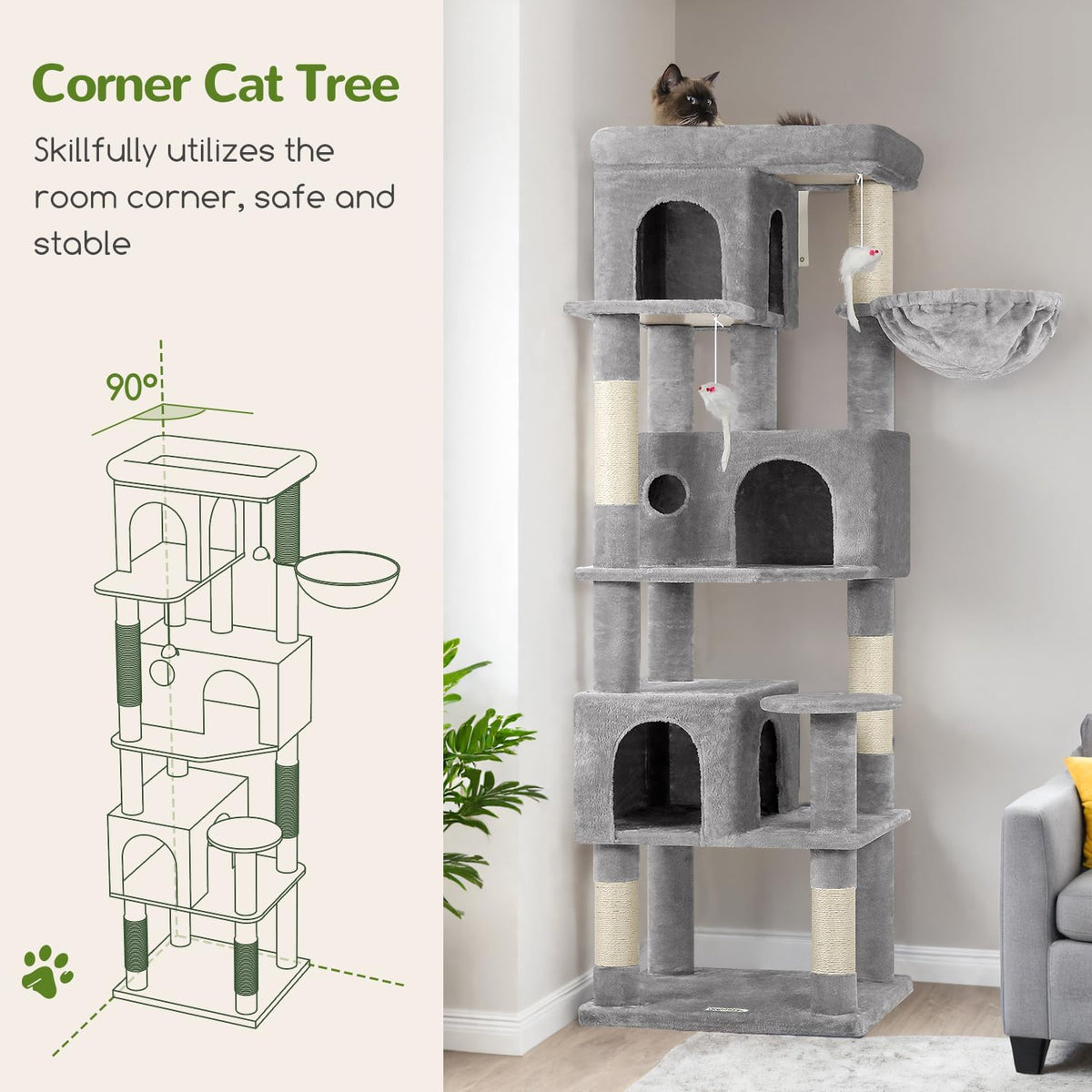 Globlazer F66 Corner Cat Tree, 66in Multi-Level Climbing Tower, Light Grey