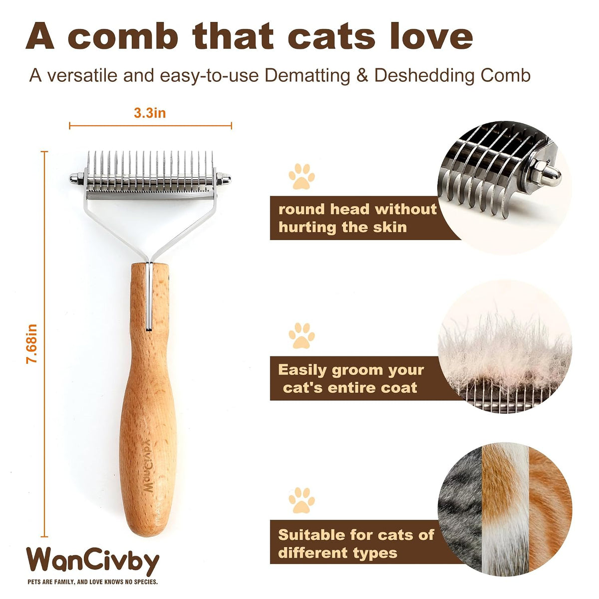 Undercoat Rake Dog Brush Dematting Comb cat shedding tool Dematting Tool Pet Brush Efficiently Detangle and Groom Coats for Large Medium Small Dogs and Cats Comb for Grooming Premium (Round Handle)