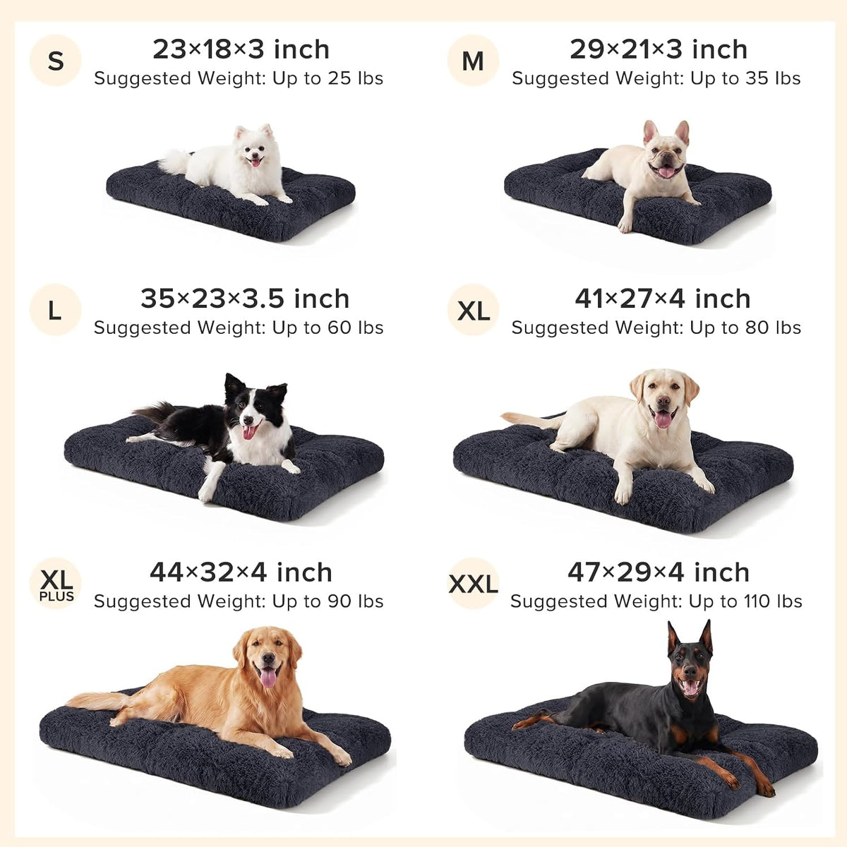JOEJOY Dog Bed Crate Pad, Deluxe Plush Washable Dog Beds Fulffy Soft Kennel Pad Anti-Slip Pet Sleeping Mat for Small Dogs, 23" x 18", Dark Grey