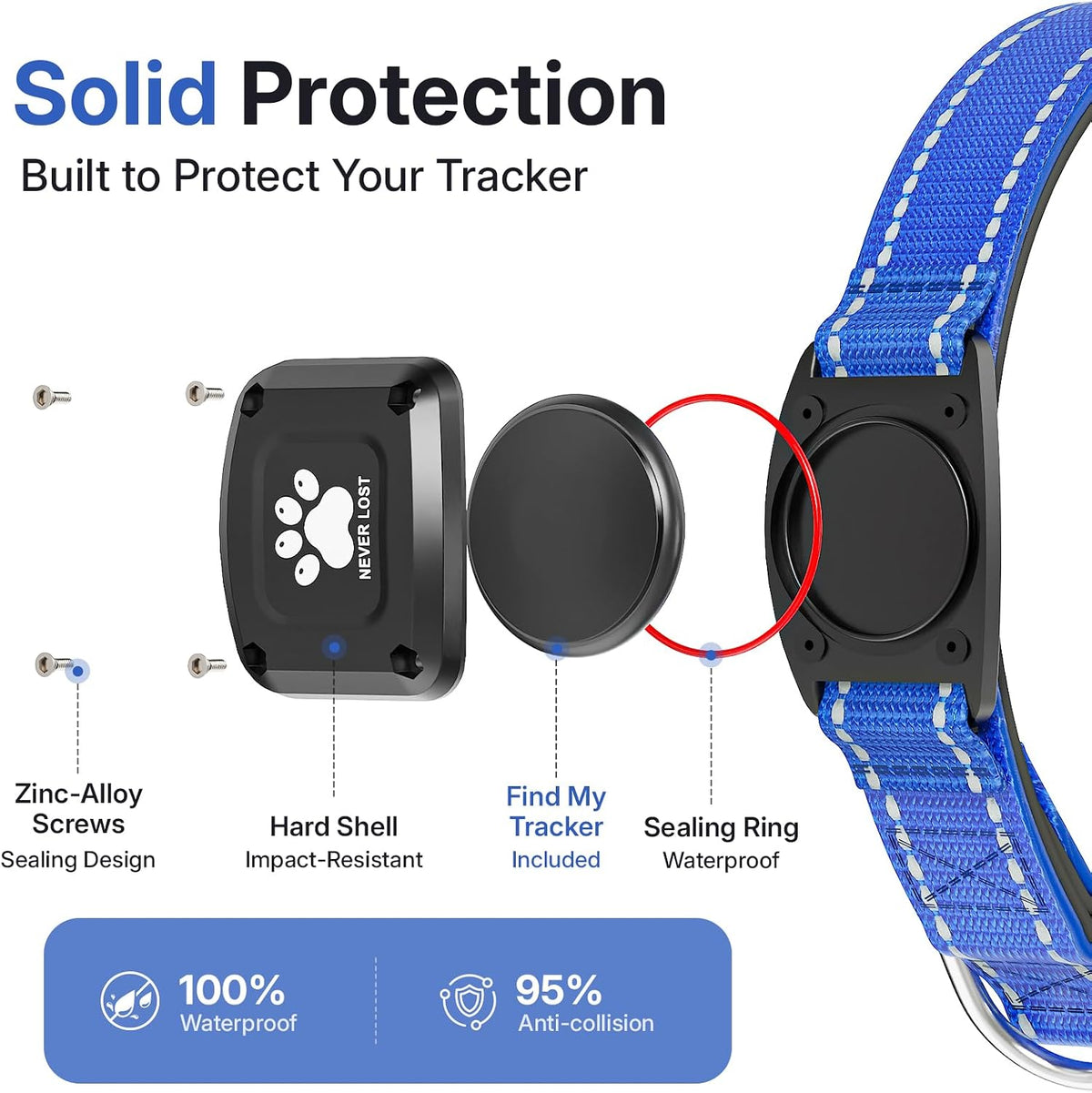 GPS Dog Collar with Tracker, Waterproof, No Monthly Fee, Blue, S