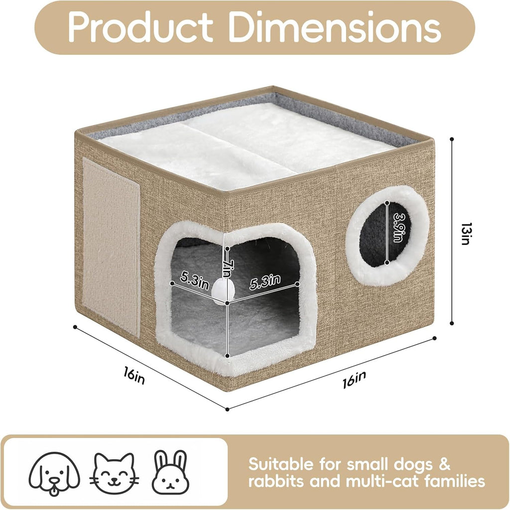 Cat Beds for Indoor Cats,Large Cat Cave House with Scratch Pad and Fluffy Ball,Foldable Cat Condo Hideaway, Modern Kitten Bed, Khaki‌
