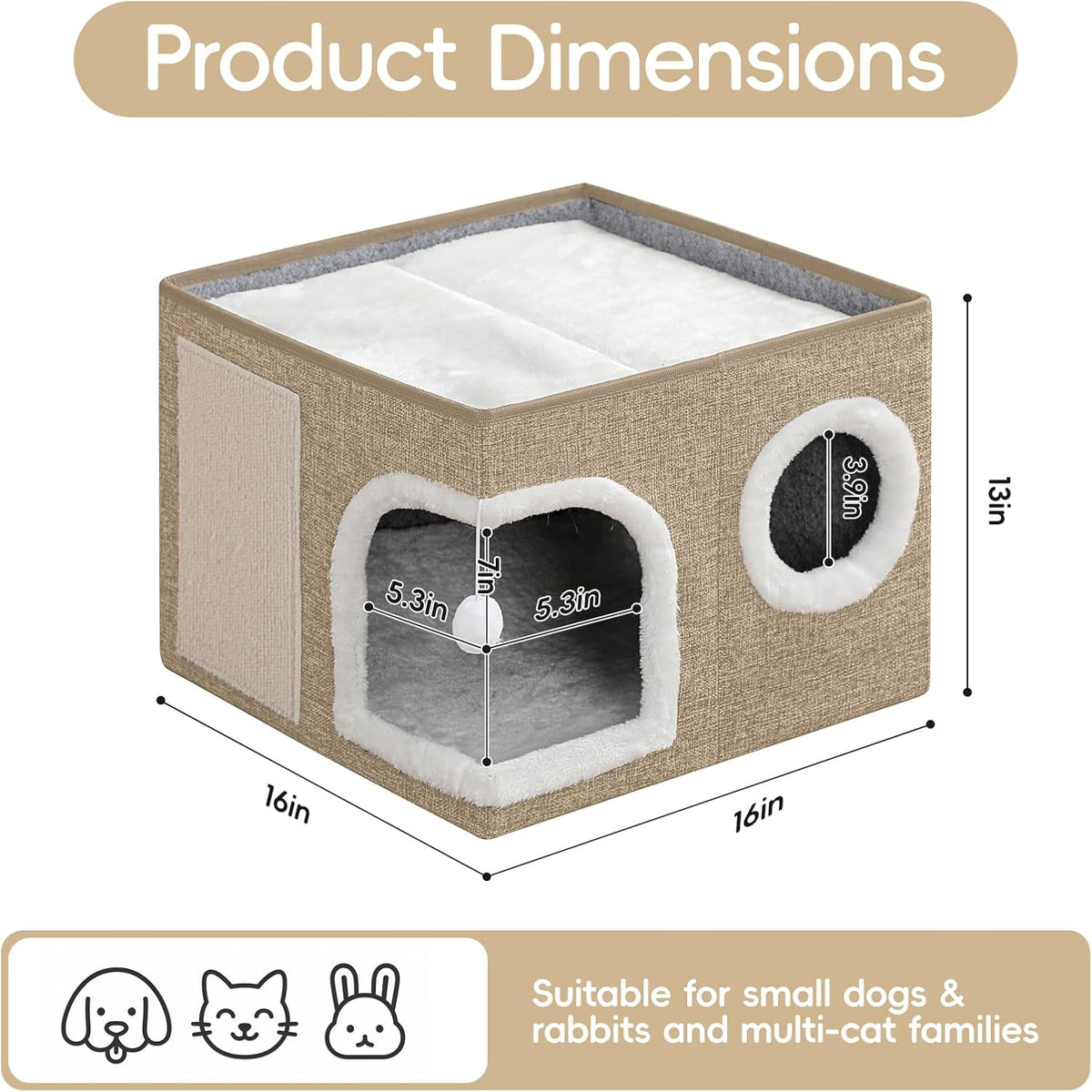 Cat Beds for Indoor Cats,Large Cat Cave House with Scratch Pad and Fluffy Ball,Foldable Cat Condo Hideaway, Modern Kitten Bed, Khaki‌