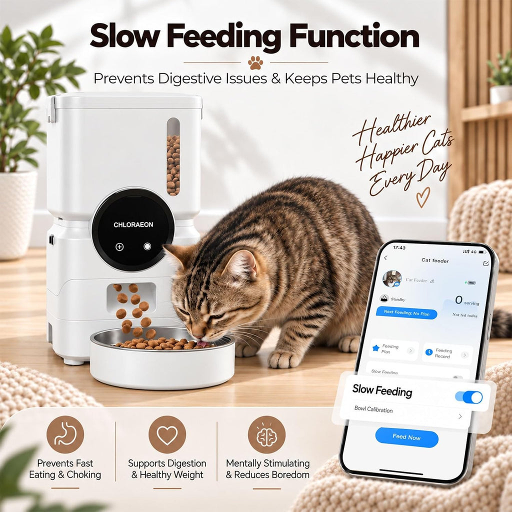 Automatic Cat Feeder for 3 Cats, 2.4GHz WiFi Slow Feed Dispenser,White