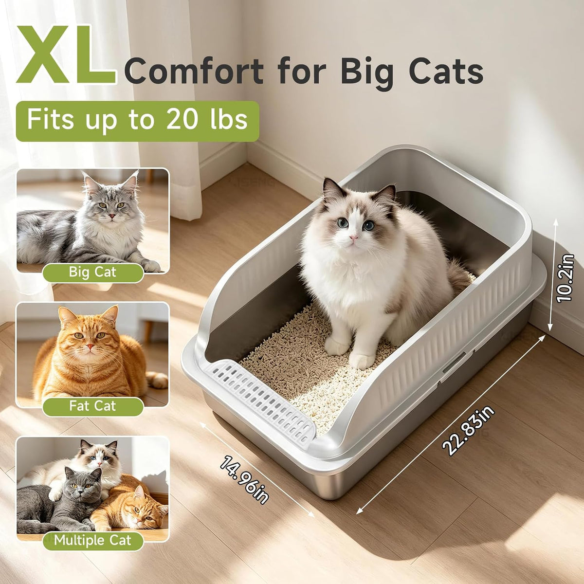 Stainless Steel Cat Litter Box with Lid, XL Metal High Sided Litter Box | Odor Free Open Top Litter Pan Easy Cleaning Anti-Urine Leakage Non-Stick Includes Scoop Light Grey