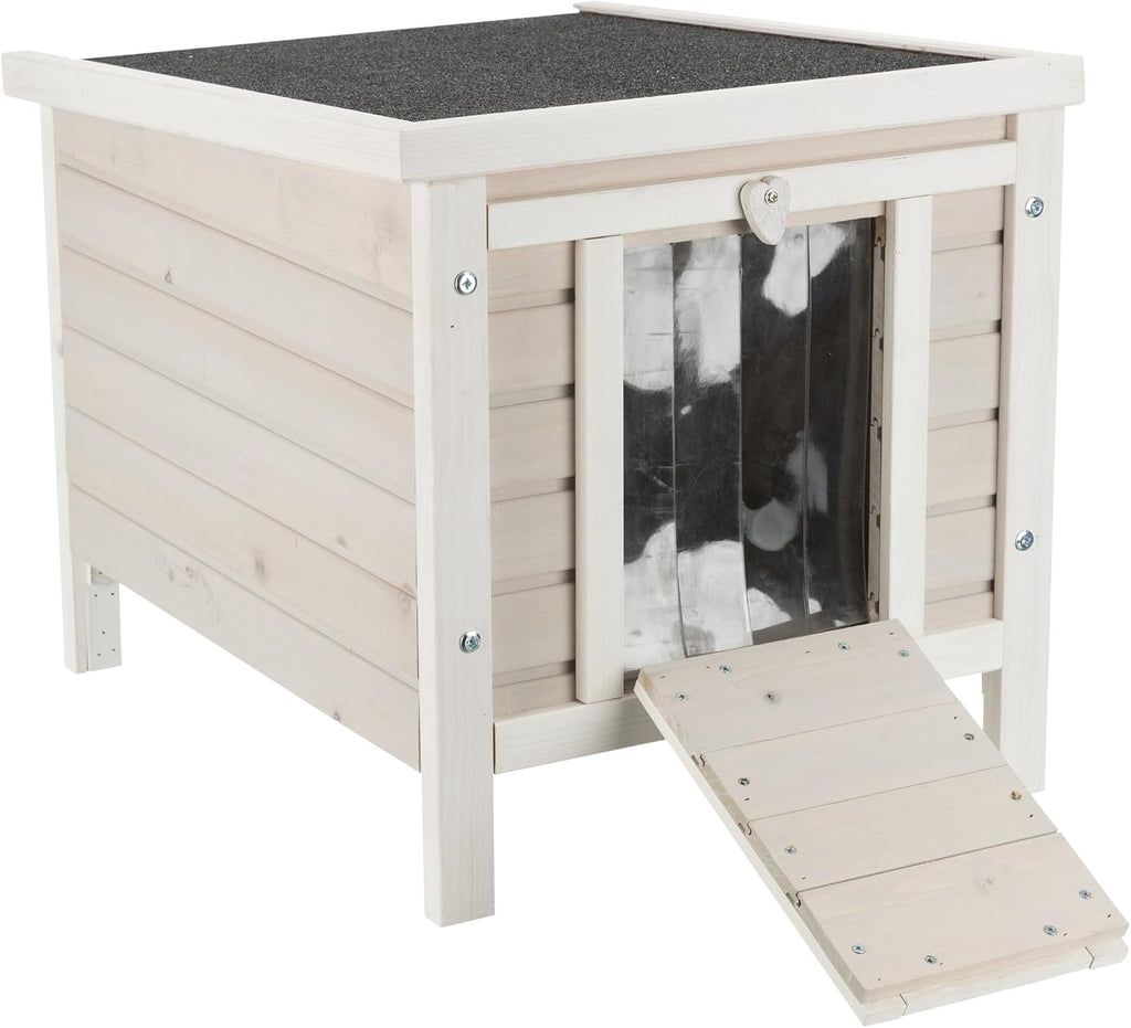 Trixie Outdoor Cat House, Weatherproof Cat Home with Raised Floor, Hinged Asphalt Roof & Covered Opening, Small Outdoor Shelter for Cats and Small Animals, Gray Fir Wood