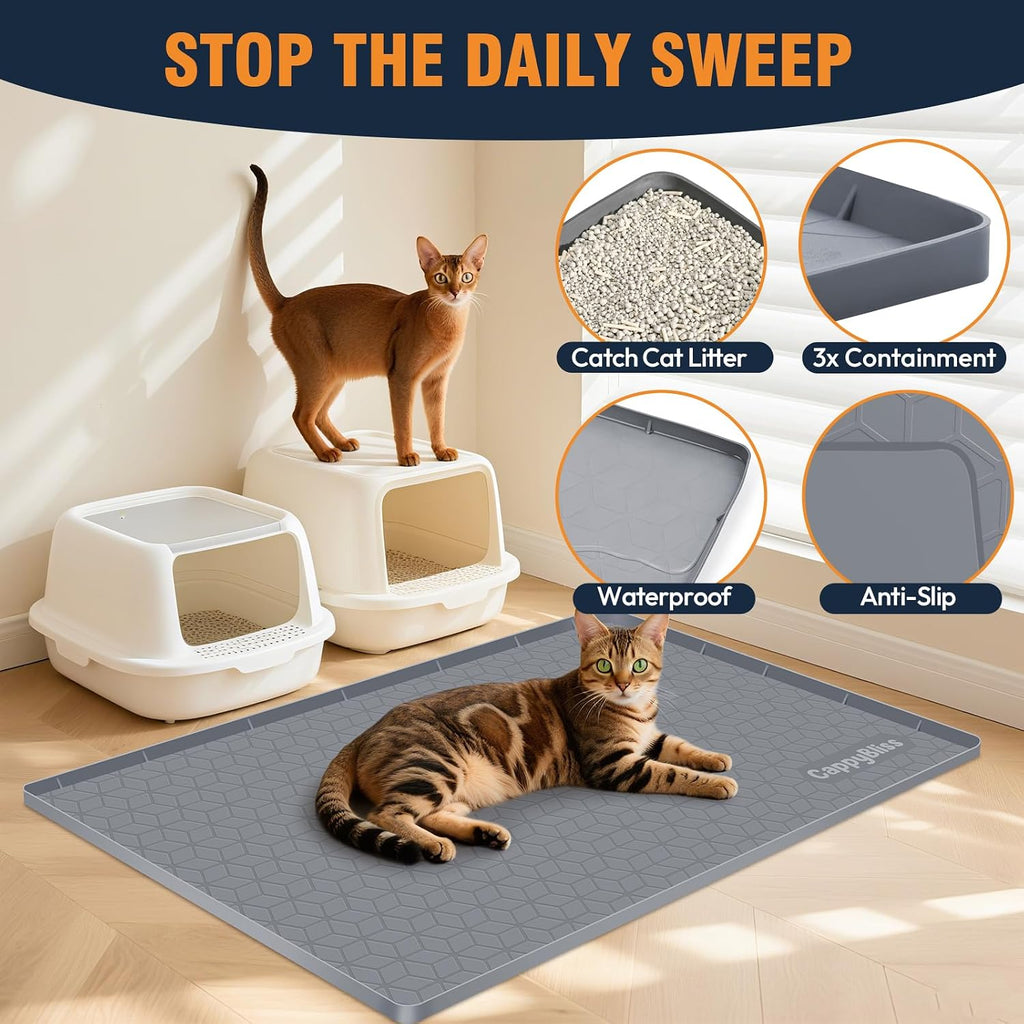Cat Litter Mat, 34"x22" Waterproof Silicone, Litter Trapping | Large Size, Non-Slip Floor Pad, Easy to Clean, Indoor Cats, for Litter Box, Traps Litter & Dirt, Black