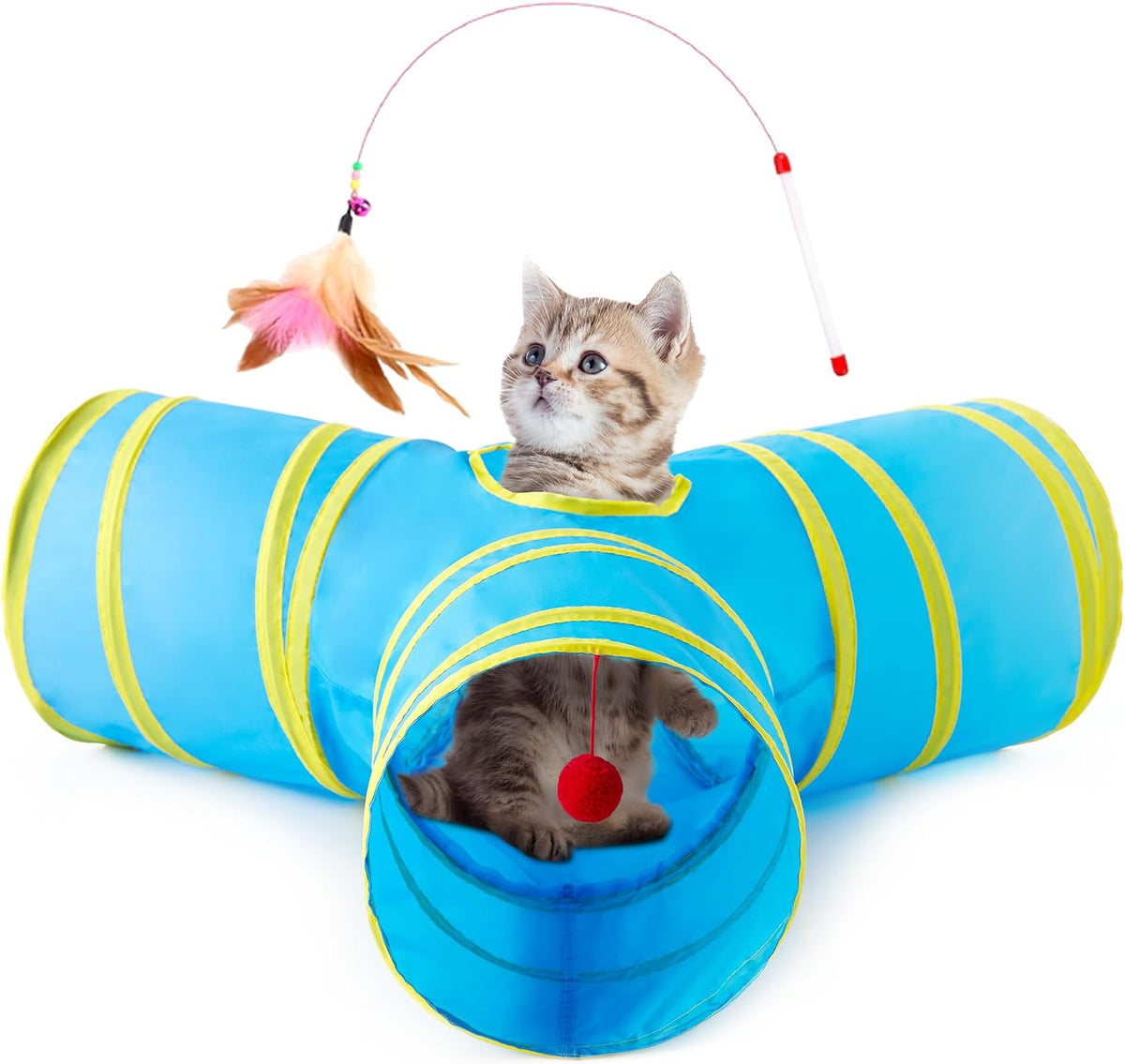 Tempcore Cat Tunnel, 3-Way Collapsible Toy for Indoor Cats, Blue & Yellow | 3-Way Cat Tunnel with Peek Holes, Hanging Ball and Teaser Wand, Collapsible Design for Play, Hiding, Chasing and Exercise