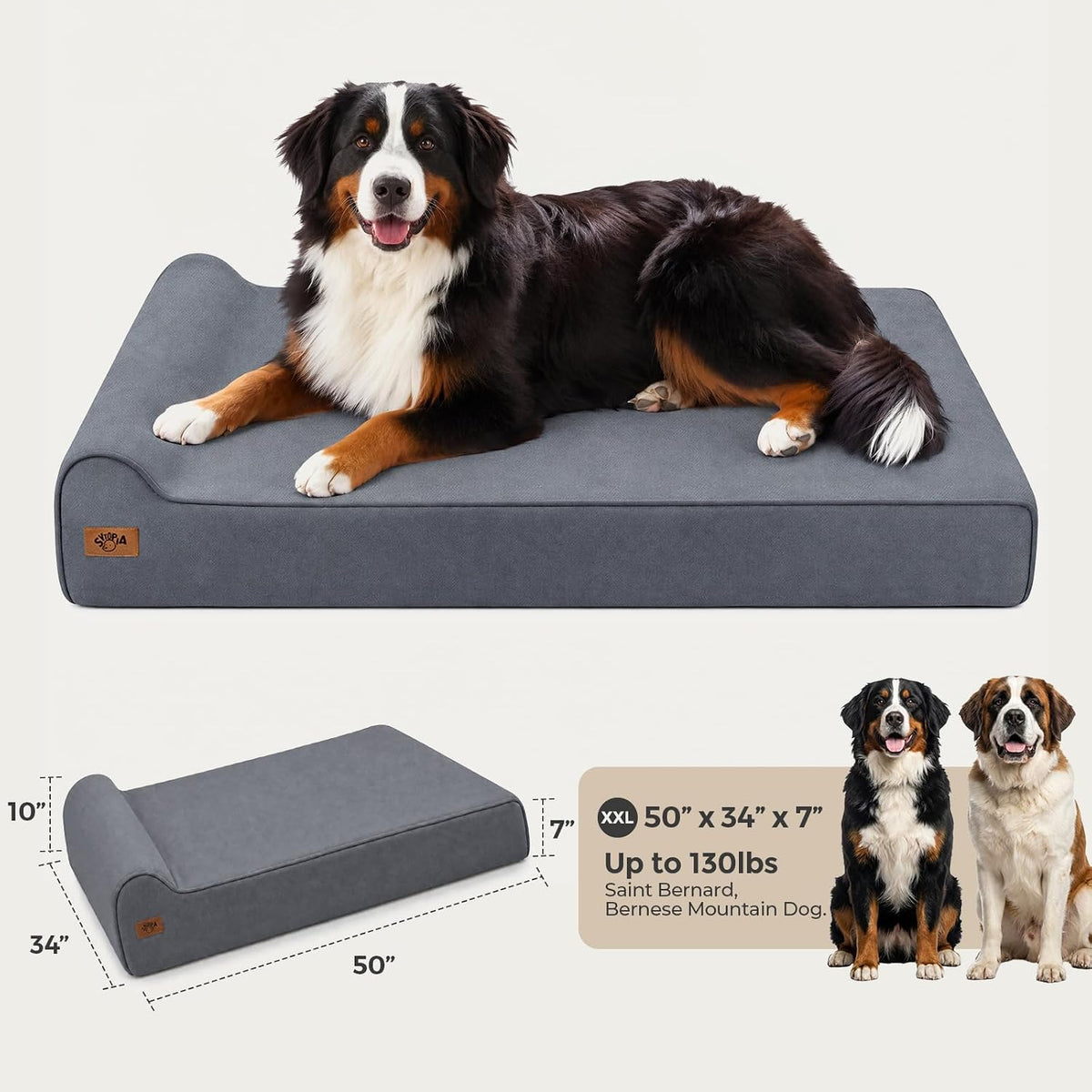 Sytopia XXL 35D Memory Foam Dog Bed for Extra Large Dogs – 7" Thick Orthopedic Pet Couch for Seniors and Big Breeds up to 150 Pounds, with Waterproof Liner & Washable Cover, 50"x 34"x 7", Blue Grey