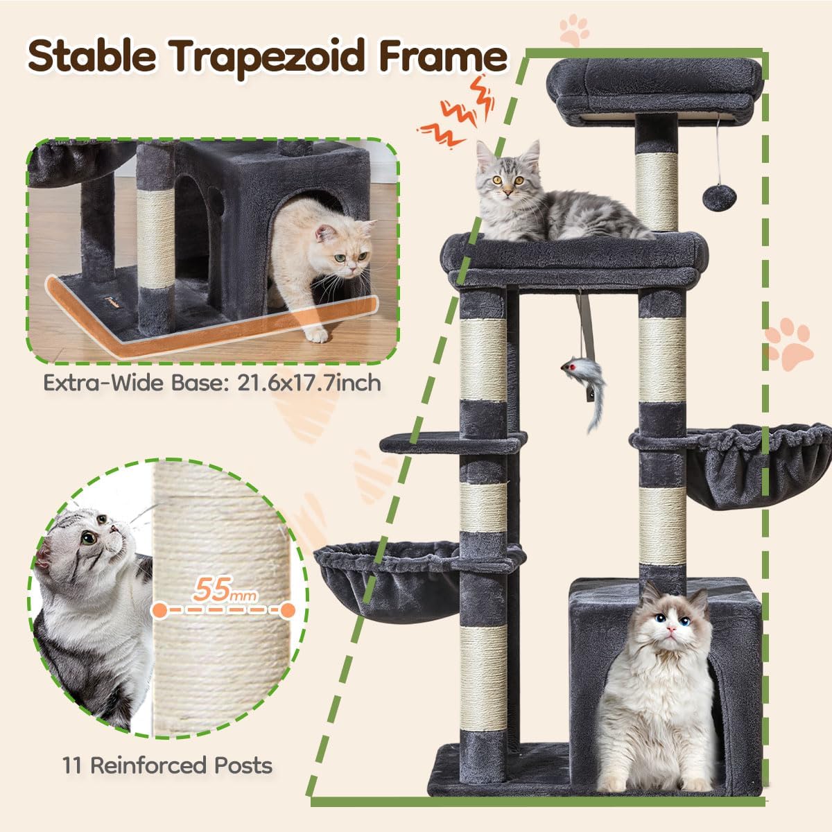 Taoqimiao 53.5in Cat Tree, Heavy Duty Sturdy Cat Tower for Indoor Cats S20G