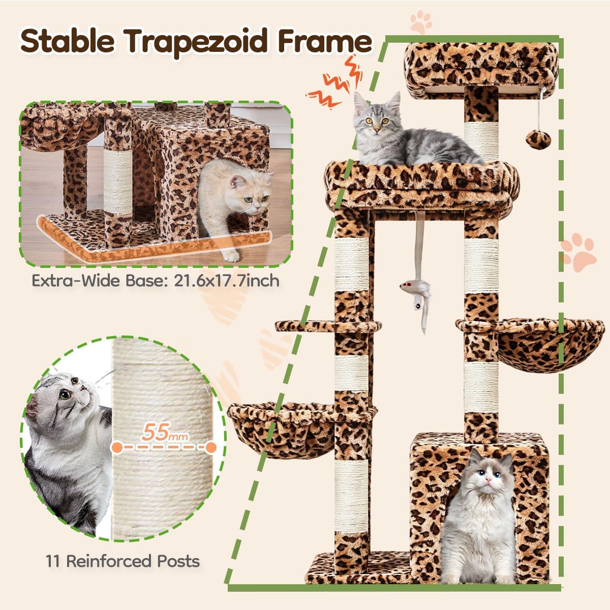 Taoqimiao 53.5in Cat Tree, Heavy Duty Sturdy Cat Tower for Indoor Cat S20BW