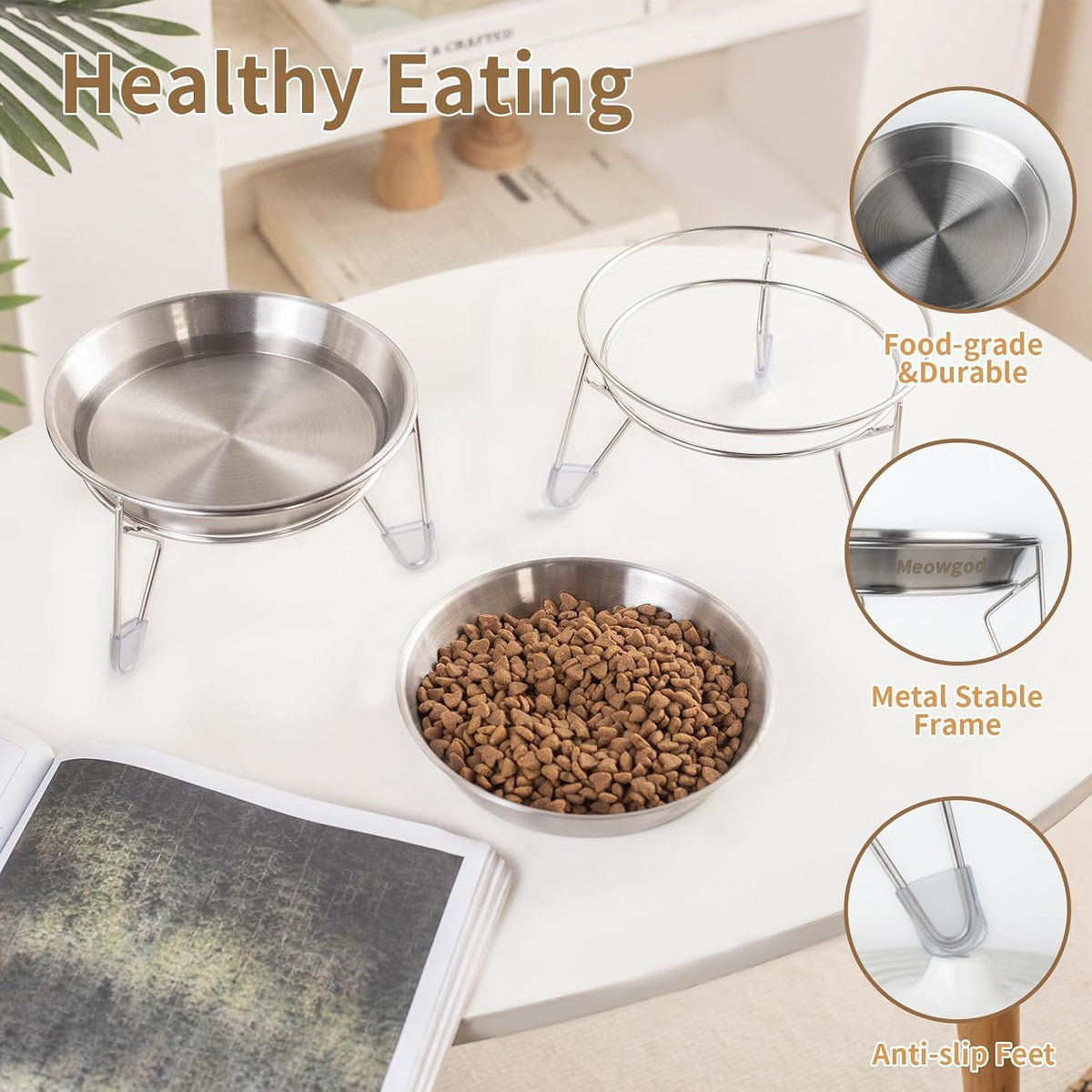 Elevated Cat Bowls,6.7" Extra Wide Raised Stainless Steel Cat Food Bowls with Anti-Slip Metal Stand Whisker Friendly Water Dishes for Indoor Cats and Small Dogs-1pack