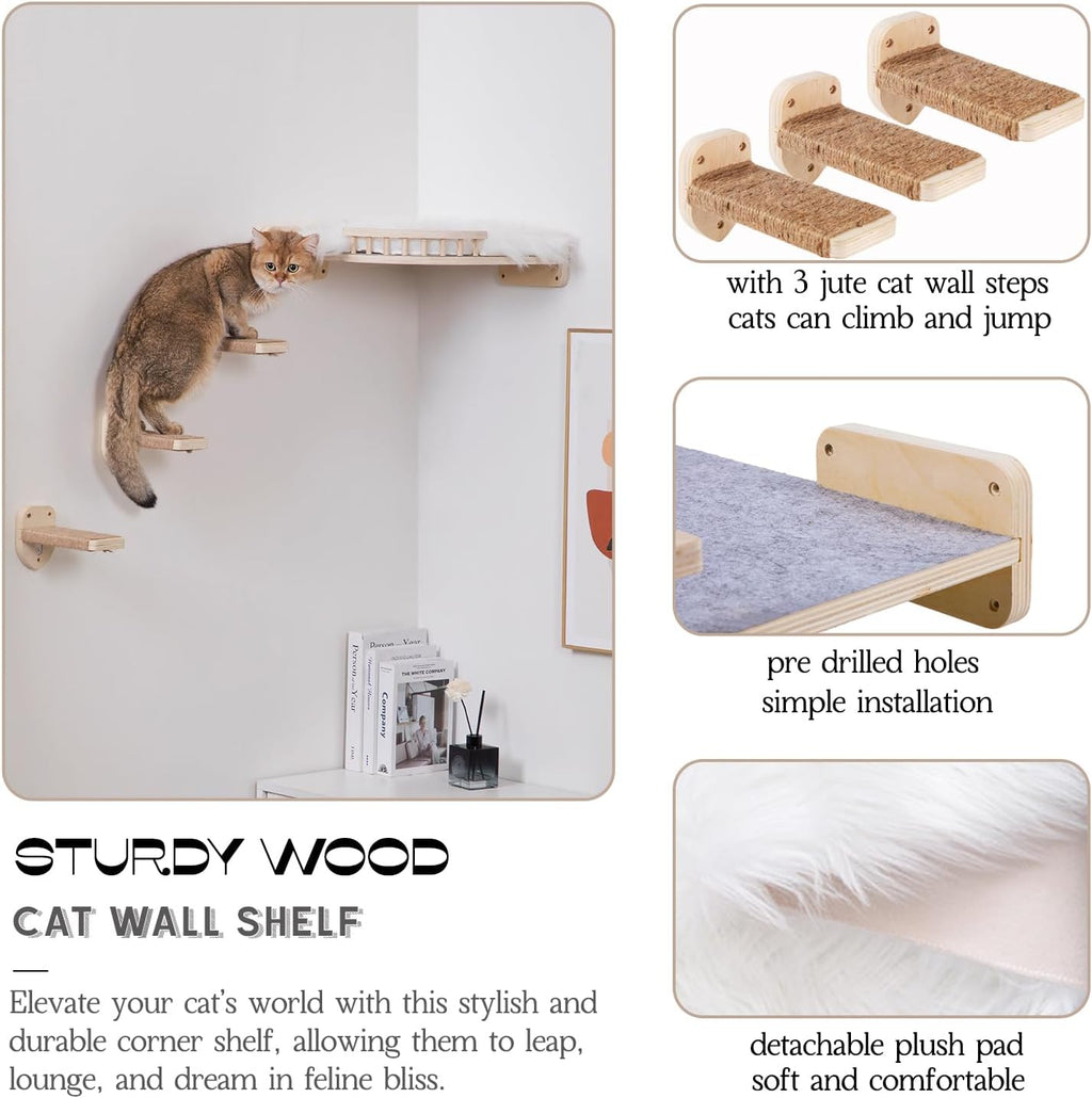 Large Cat Shelves with 3 Steps, Wall Mounted Cat Climbing Shelf with Plush Covered Bed, for Indoor Cats (Wood)